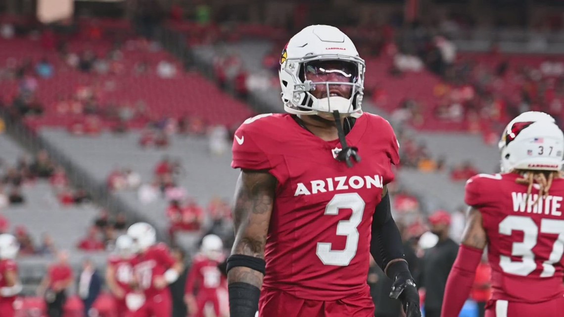 NFC strong safety Budda Baker of the Arizona Cardinals (3) celebrates an  interception with NFC …