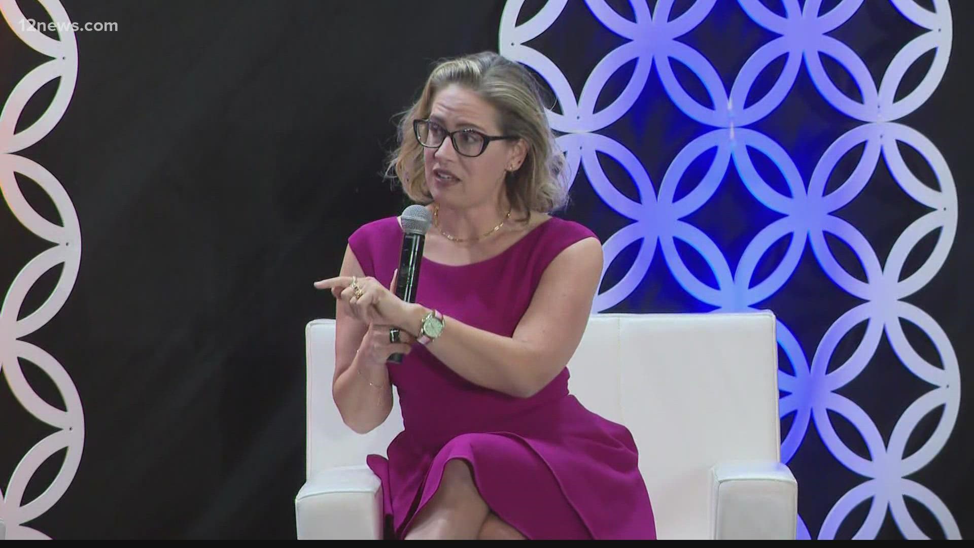 Arizona Senator Kyrsten Sinema addressed Russia's invasion of Ukraine in front of Arizona business leaders. She also discussed rising gas and grocery prices.
