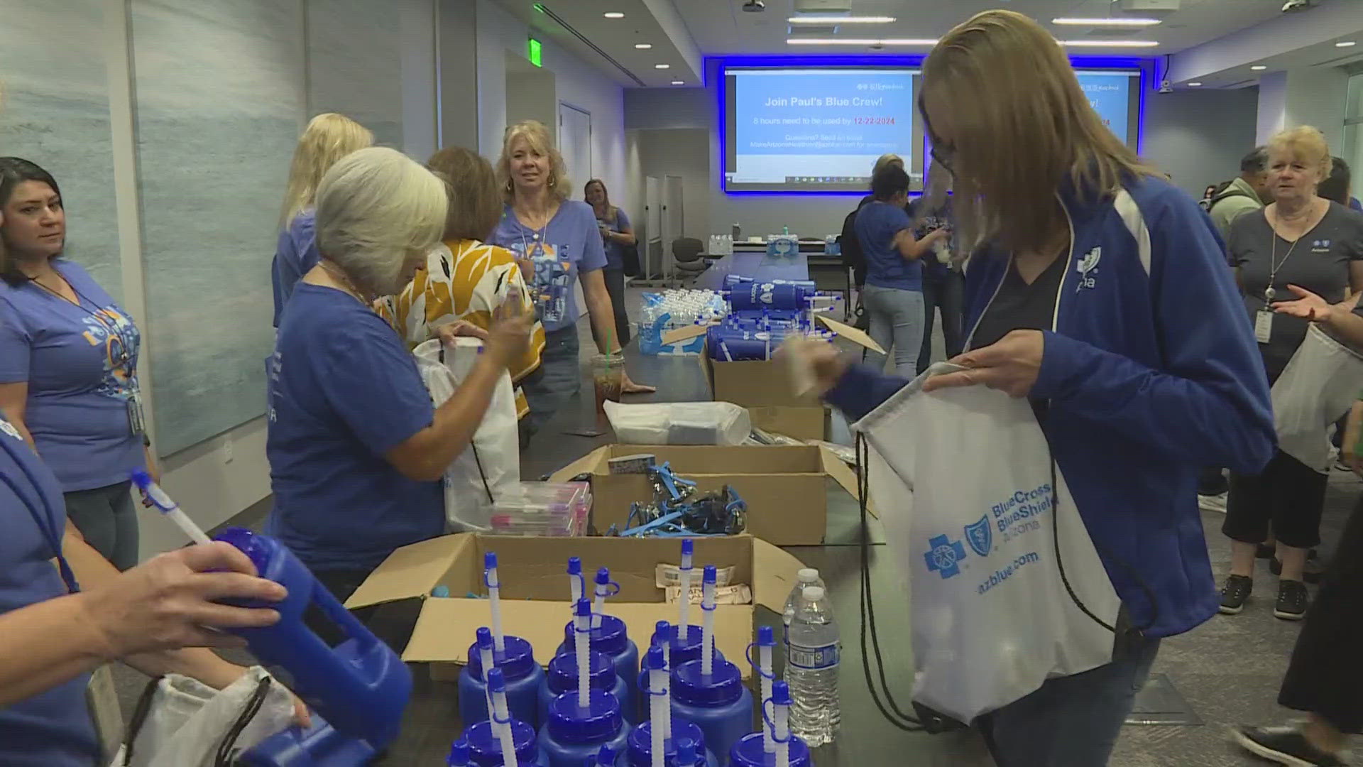 Kits include bottles of water, electrolytes, sunscreen and more.