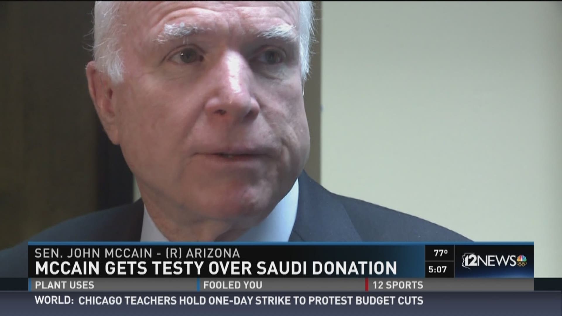 Sen. John McCain getting grumpy today over a question about a million-dollar donation from the government of Saudi Arabia.