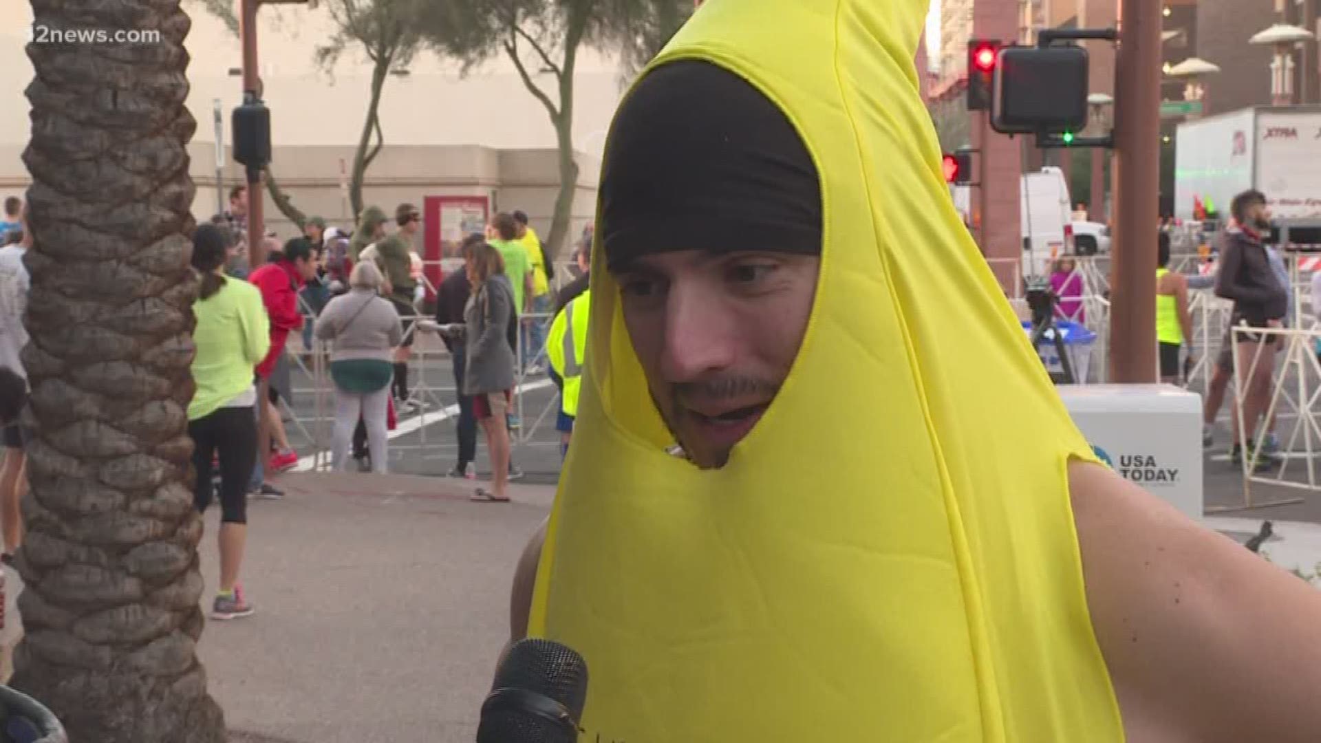 This was Jordan Maddocks' 14th year in a row running in the Rock 'N' Roll Marathon but the first year doing so as a banana.