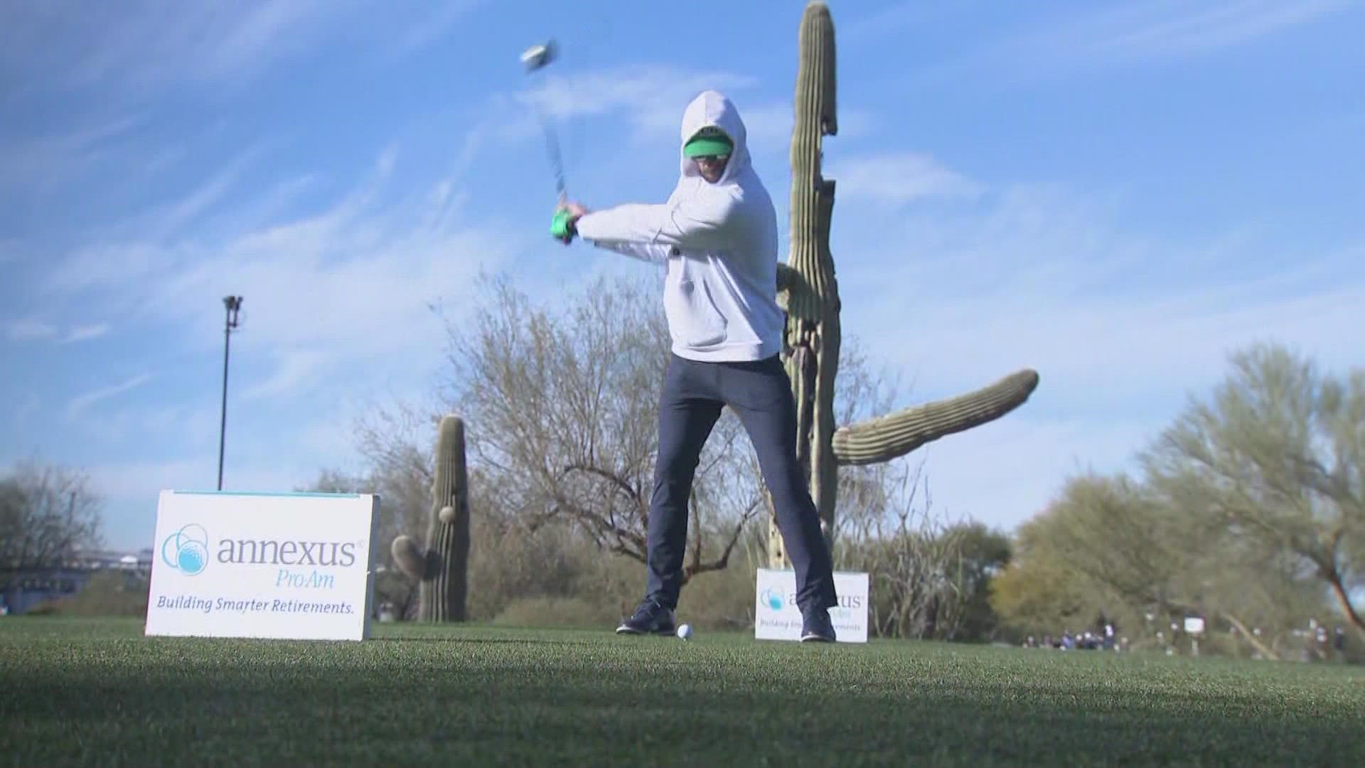 Considered to be the greatest Olympic athlete of all time, Michael Phelps has a little trouble on the tee at the WM Phoenix Open Pro-Am.