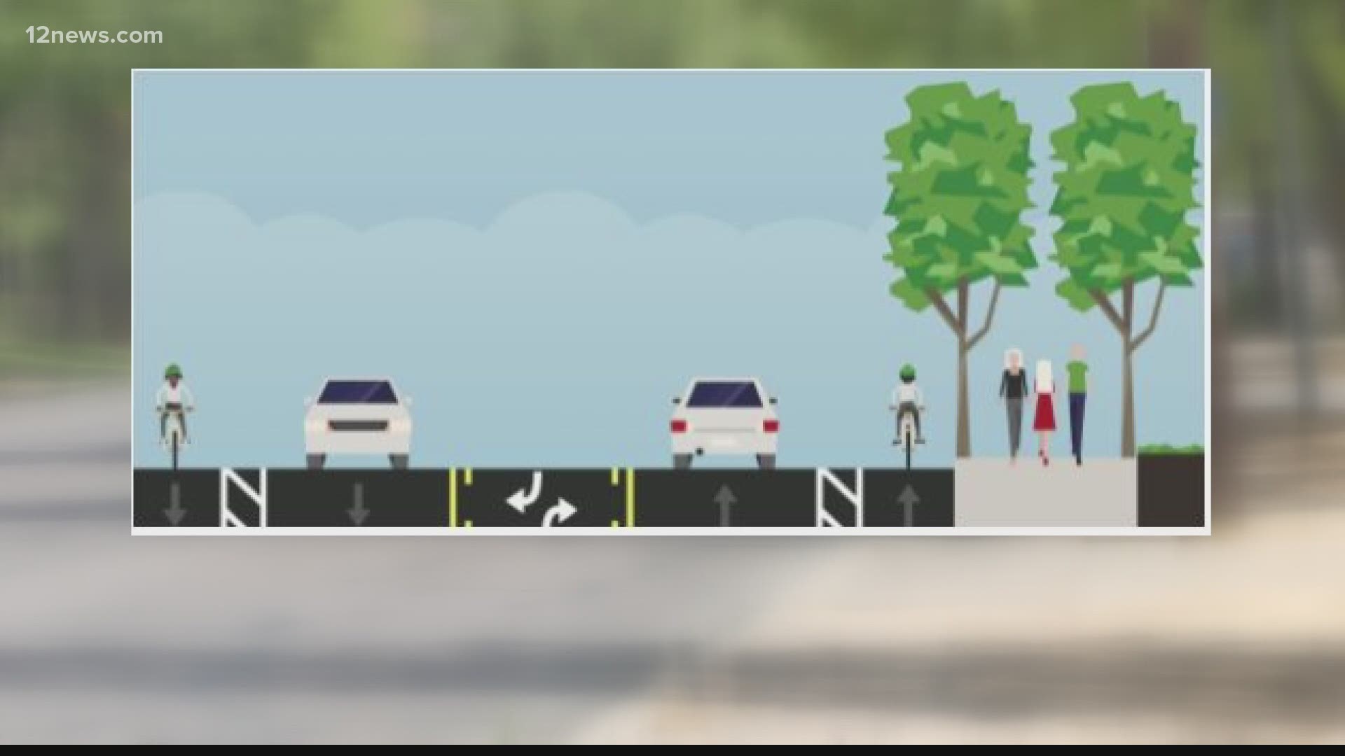 The proposal would take Central Ave. down to one northbound and one southbound lane, with a dedicated center left-turn lane and a buffered bike lane on either side.