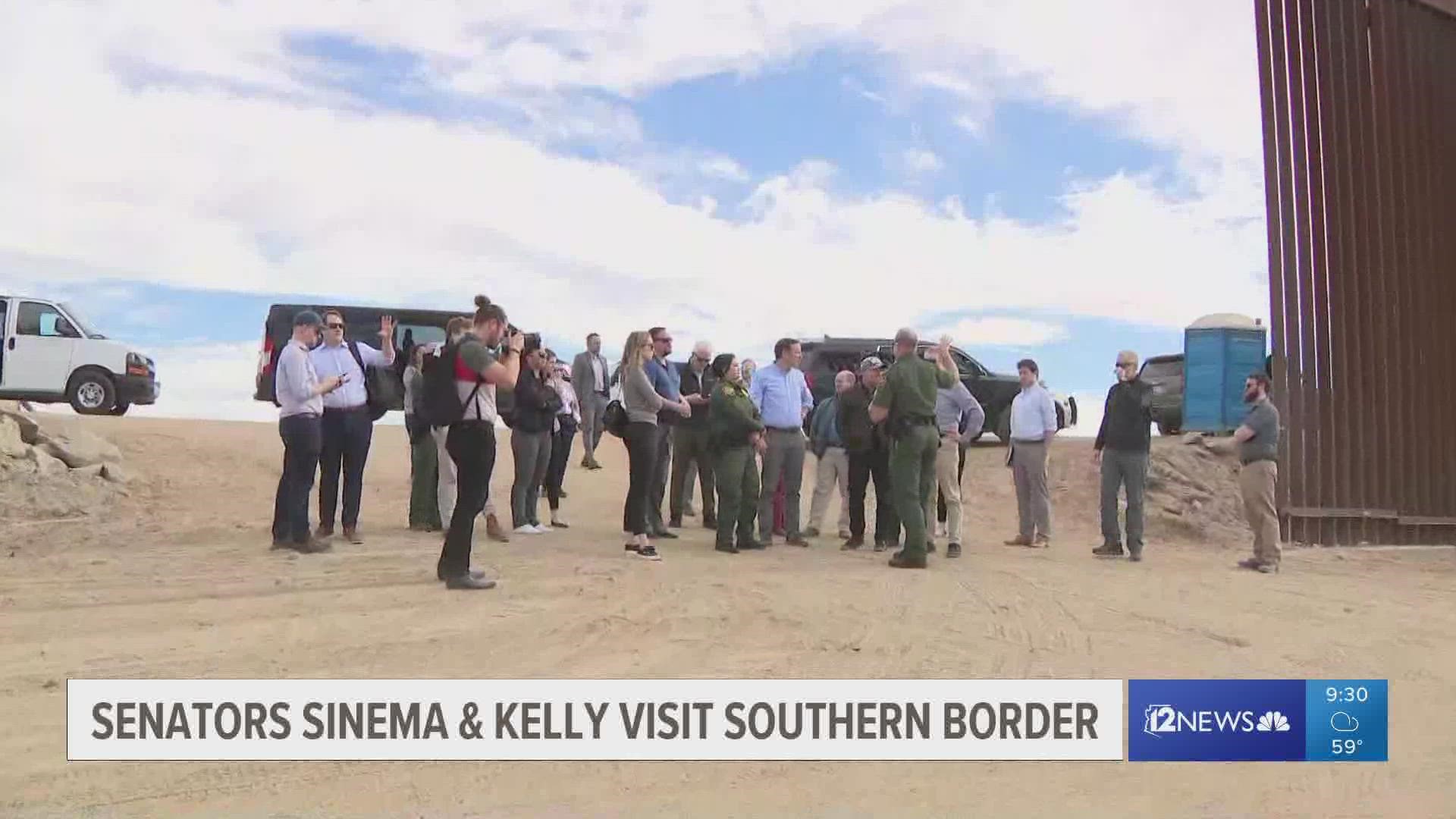 Arizona Sen. Kyrsten Sinema and Texas Sen. John Cornyn led the eight-member delegation to Yuma, one day after they made a similar visit to El Paso, Texas.