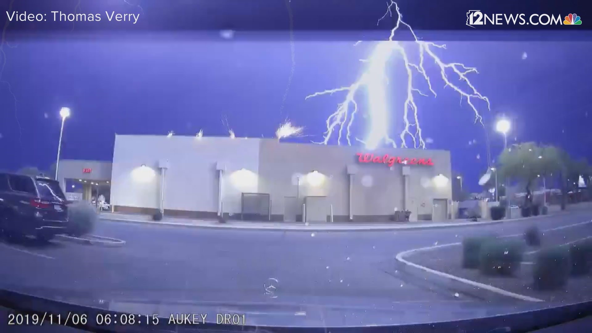 A dash camera captured the massive lightning strike  at a store at Cave Creek Road and Union Hills Drive Wednesday morning.