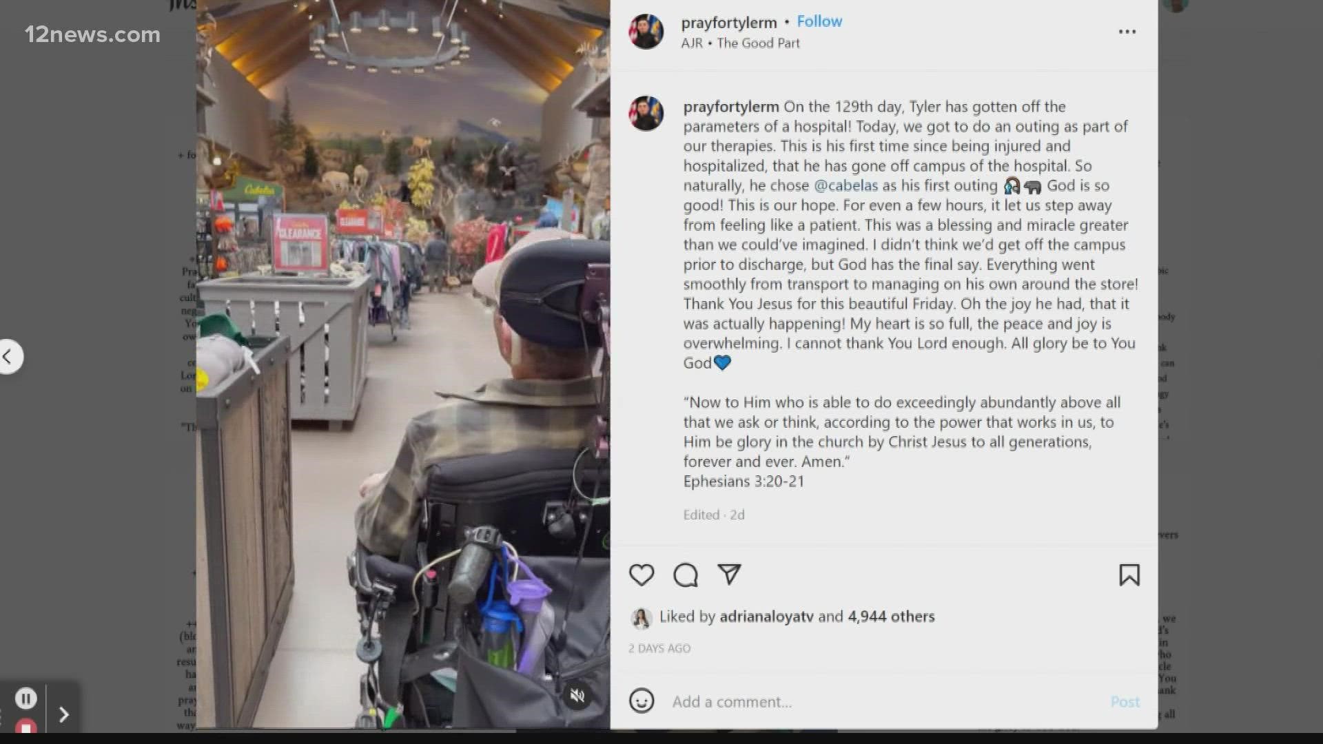 Nearly 130 days after Tyler Moldovan was shot in the line of duty, he made a trip away from the hospital. The trip was shared by his wife Chelsea on Instagram.