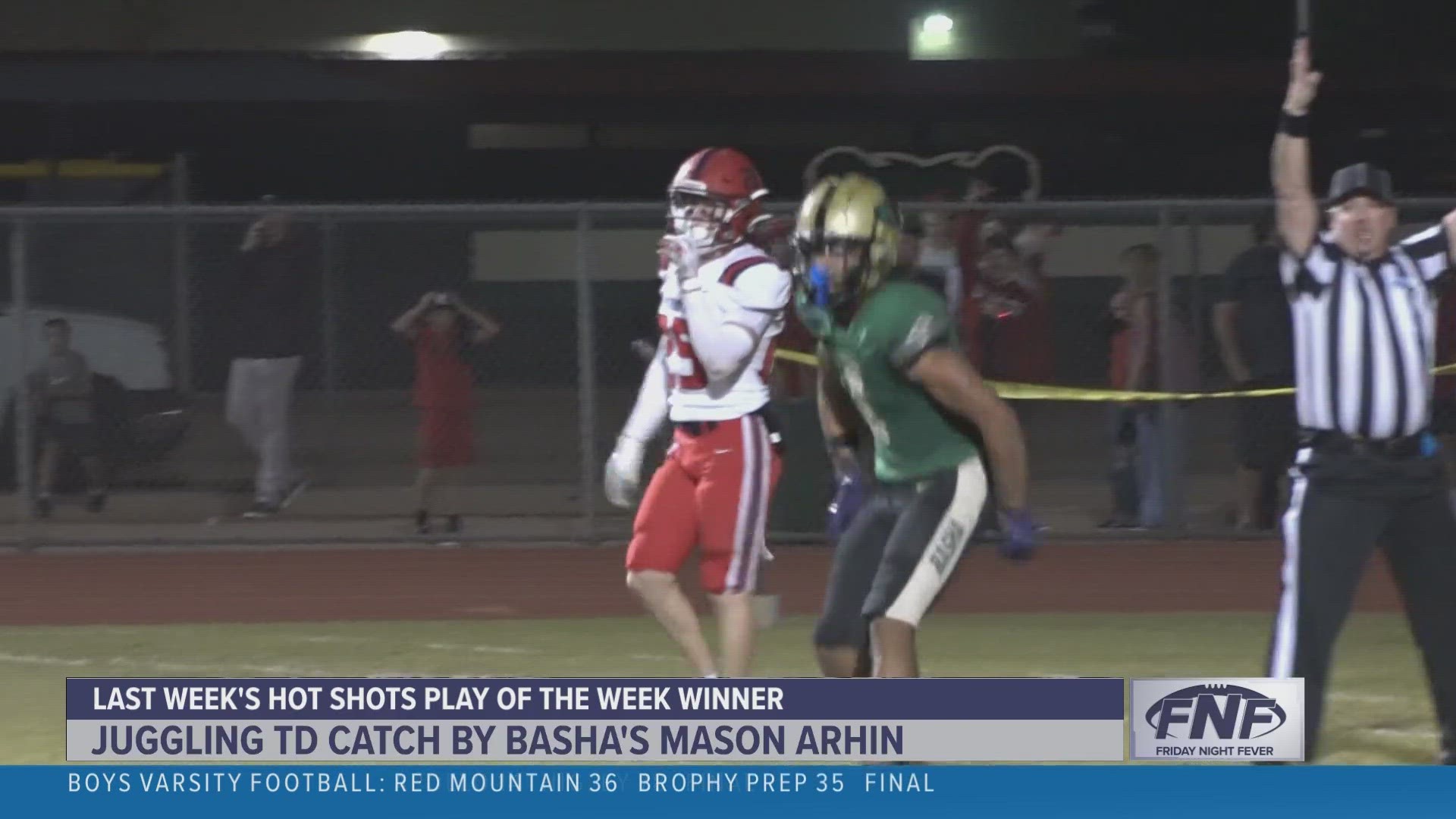 Basha's Mason Arhin won the Week 13 Hot Shots Play of the Week poll for his juggling TD catch in the Open Division Quarterfinals. Watch the play here!