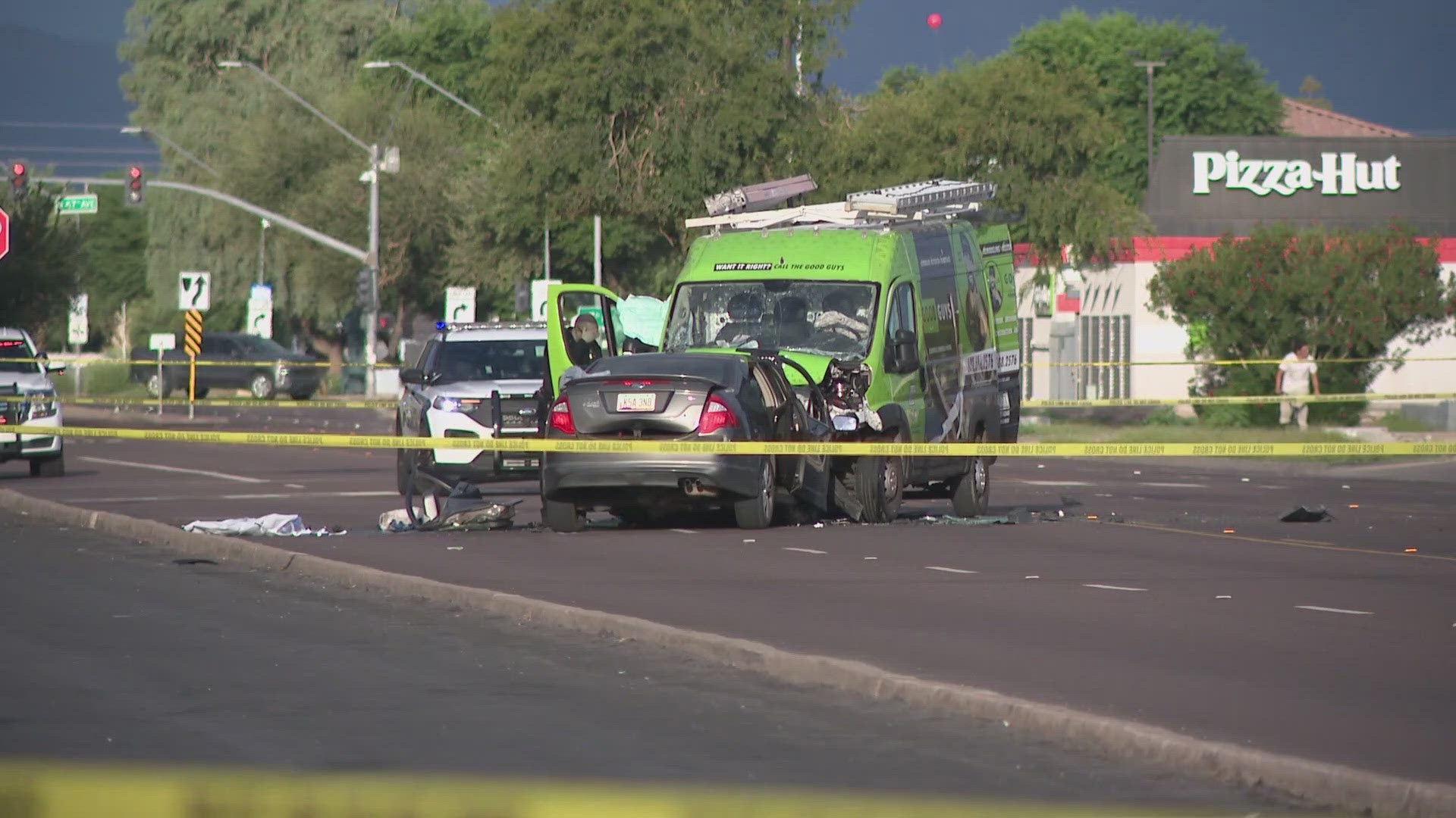 A witness reported that a car was driving westbound when it crossed into the opposite lane and hit a work van, Glendale police say.