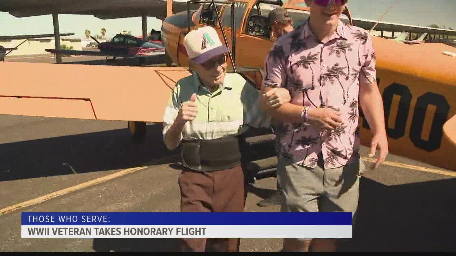A World War II veteran from Queen Creek took a special flight in a war-era aircraft from Falcon Field Airport in Mesa this weekend.
