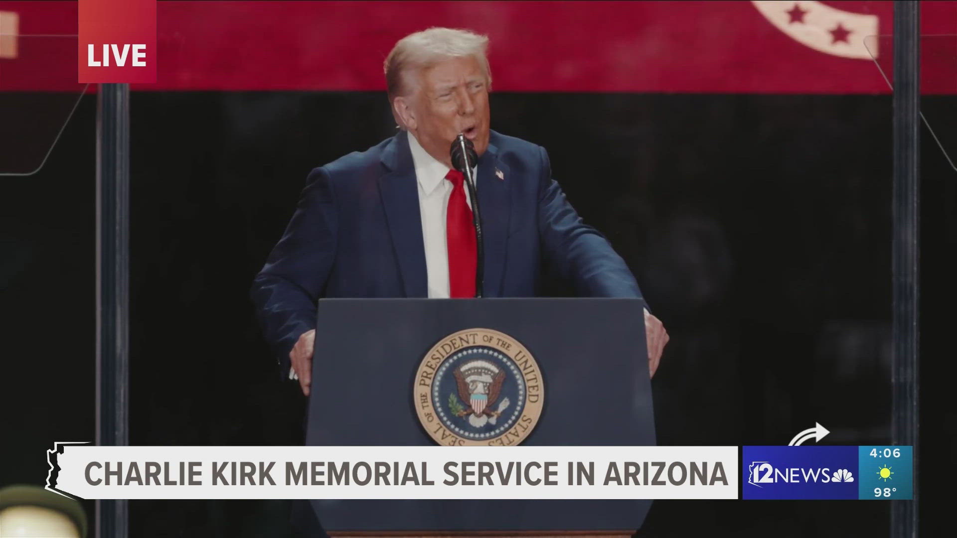 President Donald Trump delivered keynote remarks during the memorial service for Charlie Kirk at State Farm Stadium in Glendale, Arizona.