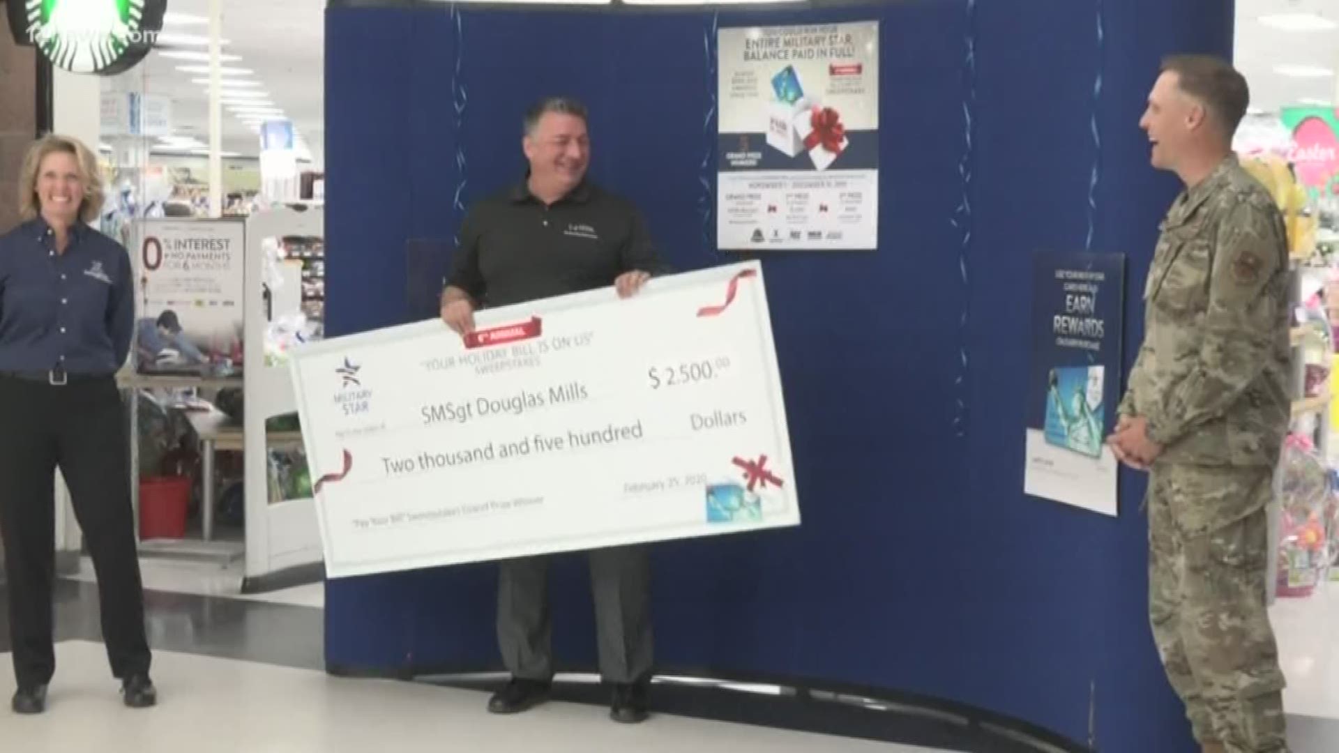 To celebrate Douglas Mills' service he won $2500 to spend on base. Mills was entered to win, in part, for how much he swipes his military star card.
