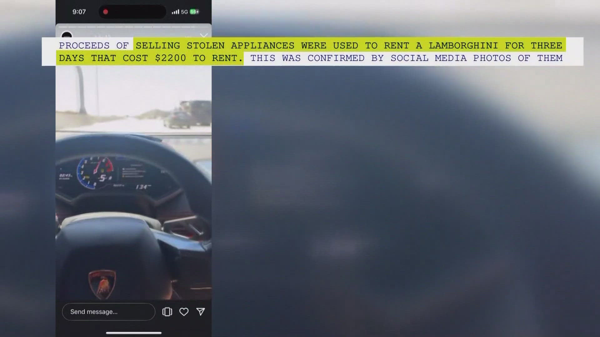 The suspects used some of the money earned from the burglaries to rent a Lamborghini for three days, police said.