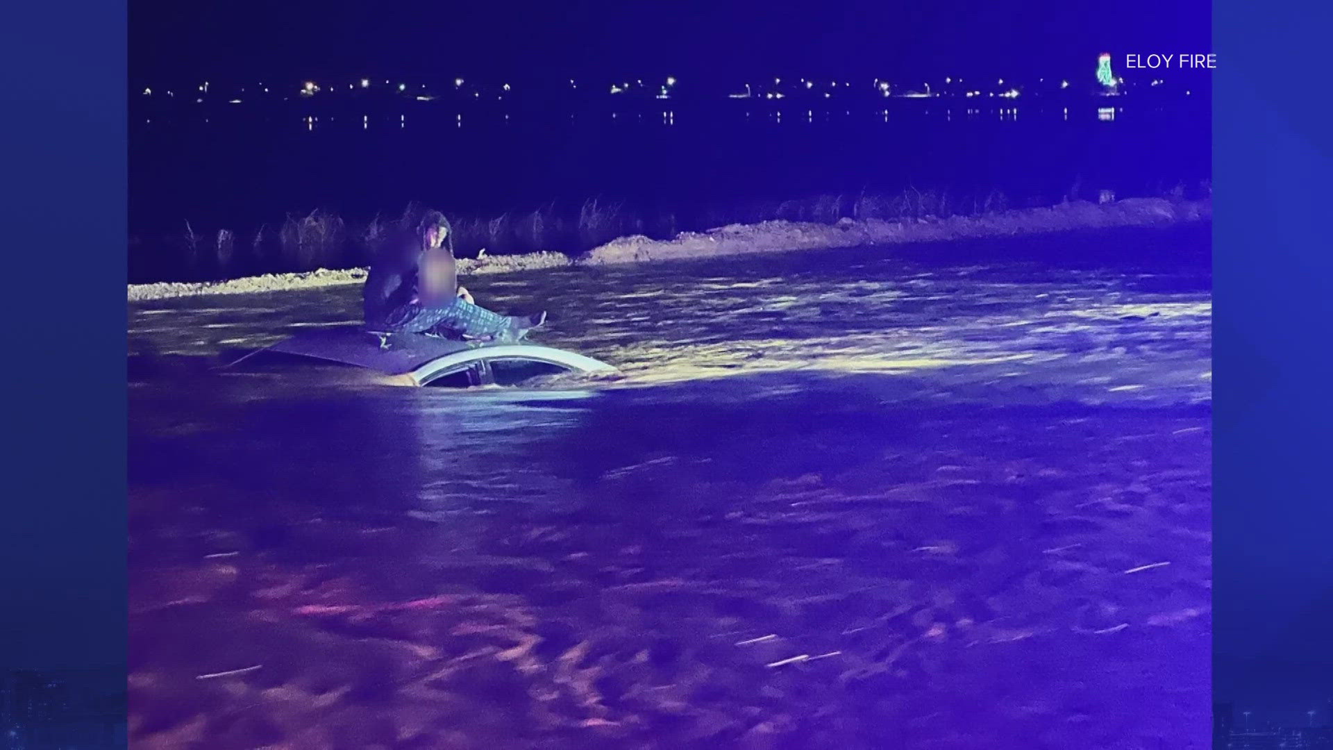 A father and child became stranded on top of a vehicle after a roadway in Pinal County became flooded.