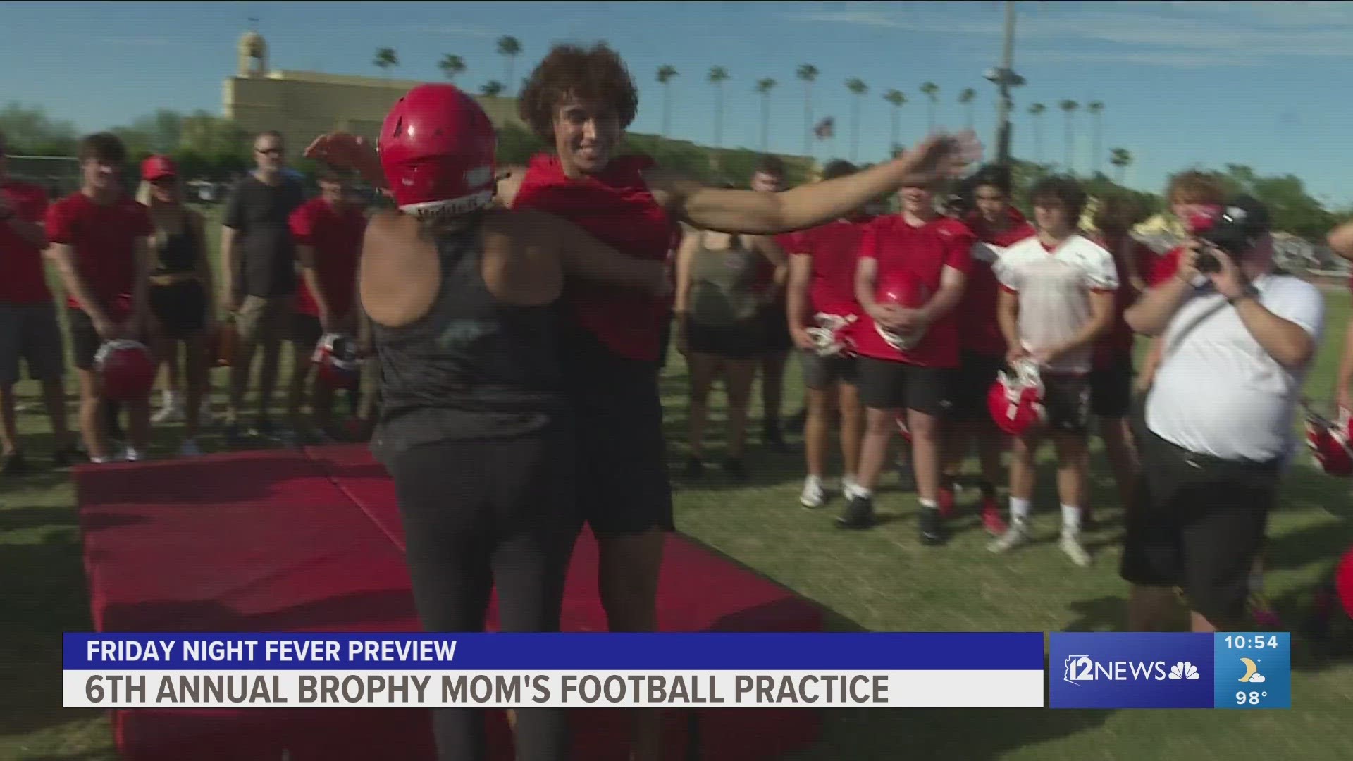 Ahead of the 2023 season, Brophy wrapped up fall camp by letting the moms suit up and gave them a chance to tackle their sons