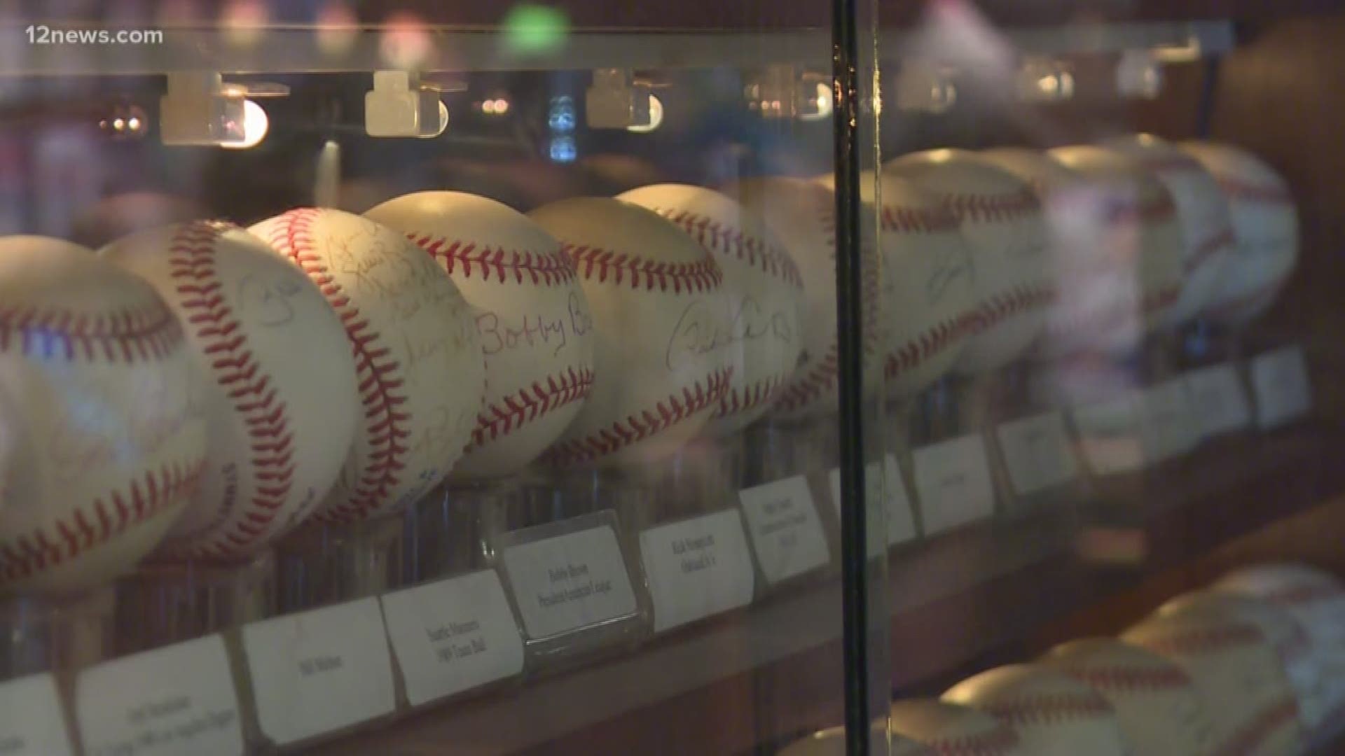 Autographed baseballs on display in the Yankees Museum at …