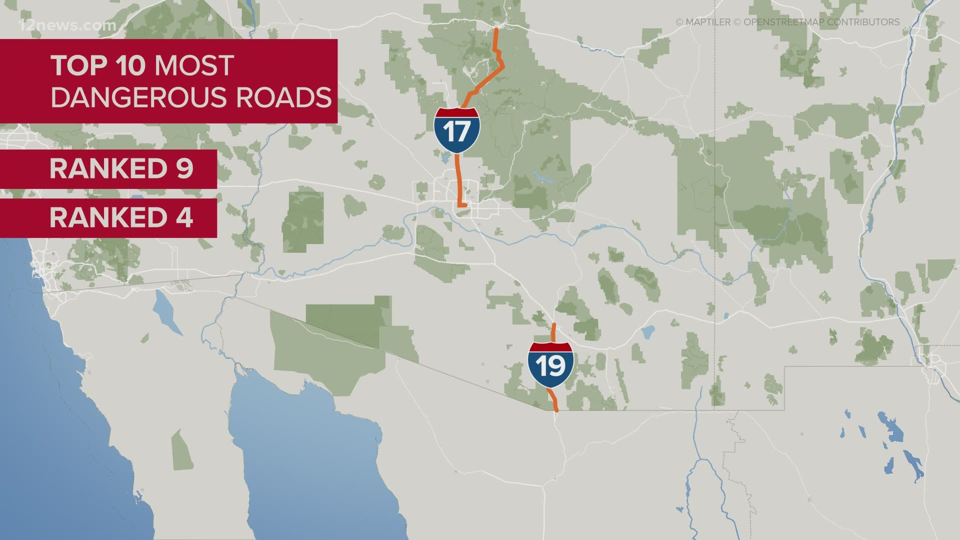 Two Arizona roads made the top 10. I-19 between Tucson and Nogales came in at number ninth. I-17 from Phoenix to Flagstaff ranked fourth.