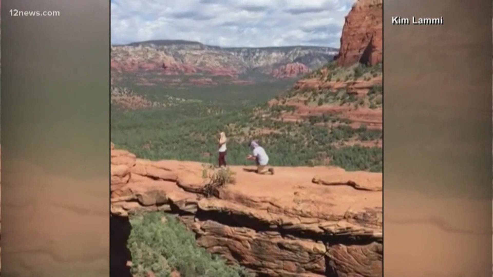 Kim Lammi was in Sedona when she just happened to record a man proposing to his girlfriend on Devil's Bridge. She doesn't know the couple, but wants to contact them to give them a copy of the video.