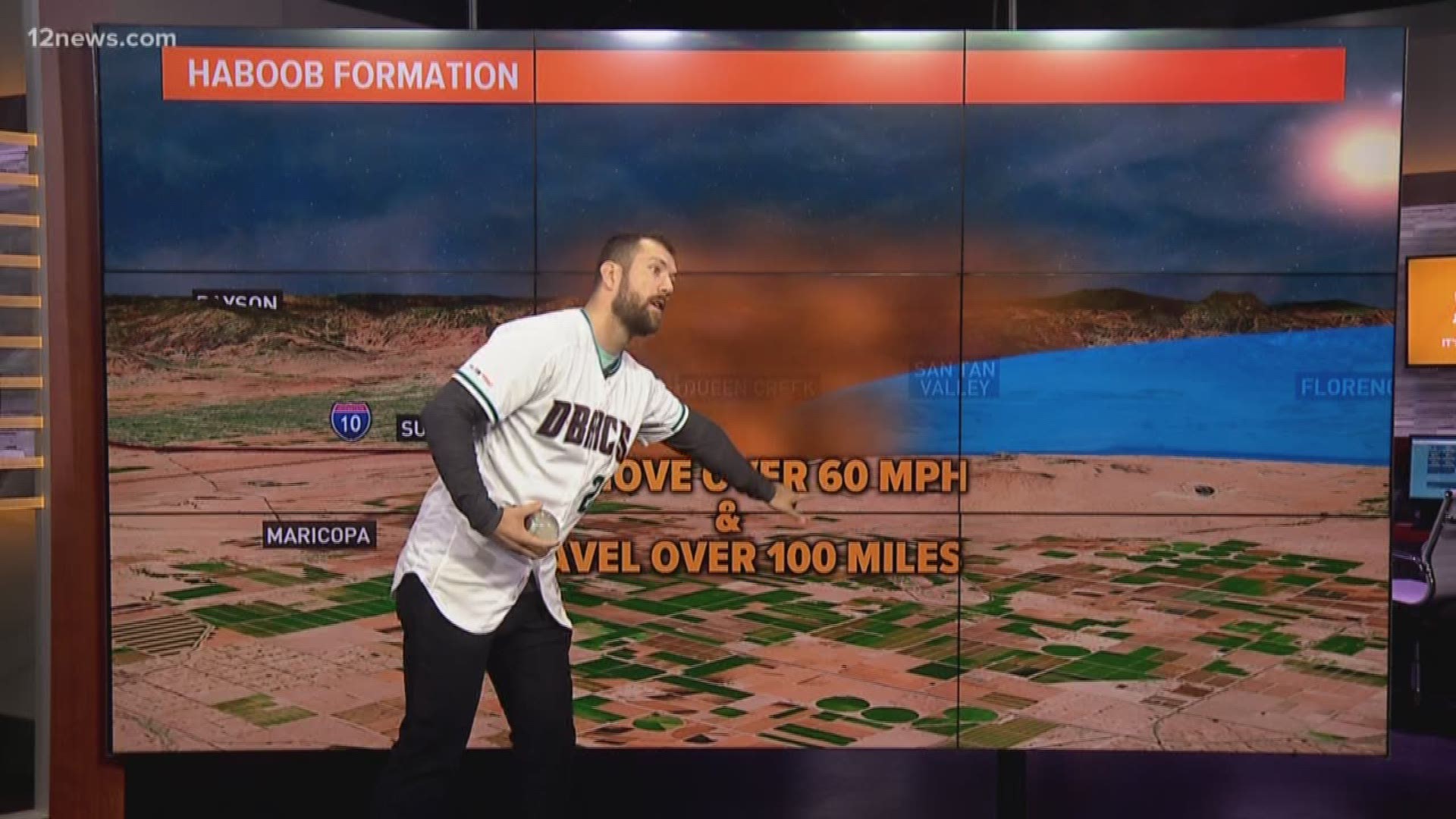 Arizona Diamondbacks outfielder Steven Souza Jr. stopped by Studio 12A to talk about the Haboob Globe giveaway at Chase Field. But we couldn't let him leave without joining Krystle Henderson's weather forecast.