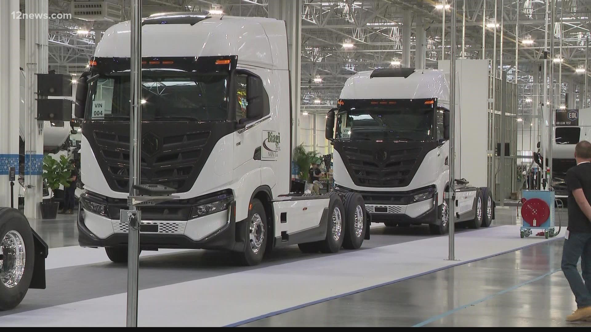 After four years, the first zero-emission semi-trucks from electric automaker Nikola are being shipped to customers. Gov. Ducey took a tour of the facility.