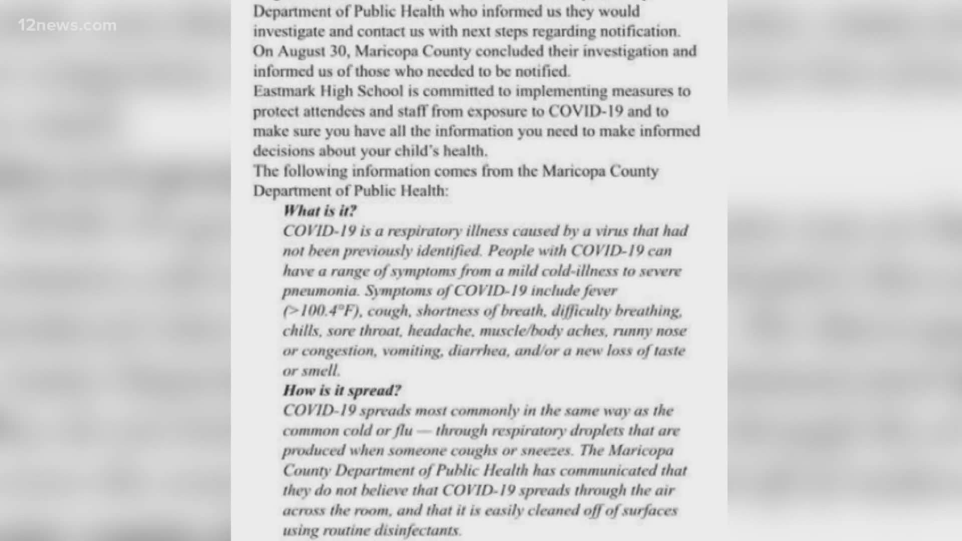 Eastmark High School sent a letter to some parents saying their student may have been exposed to COVID-19 last week, saying the county health dept. investigated.