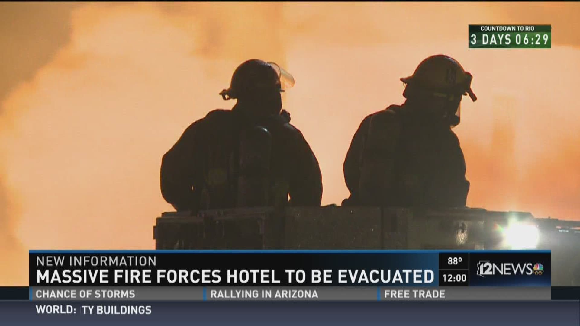 A construction site was engulfed in flames forcing people to evacuate a nearby hotel.