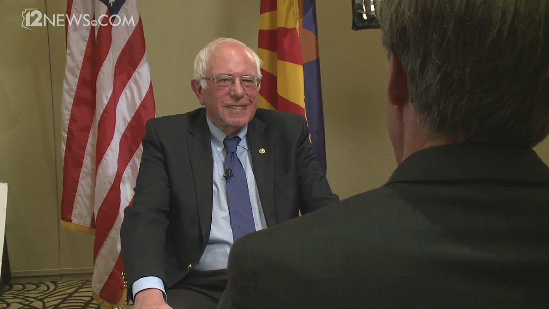 Presidential candidate Bernie Sanders walks out of an interview with 12 News political reporter Brahm Resnik, before a stump speech near Flagstaff, Ariz.on March 17, 2016.