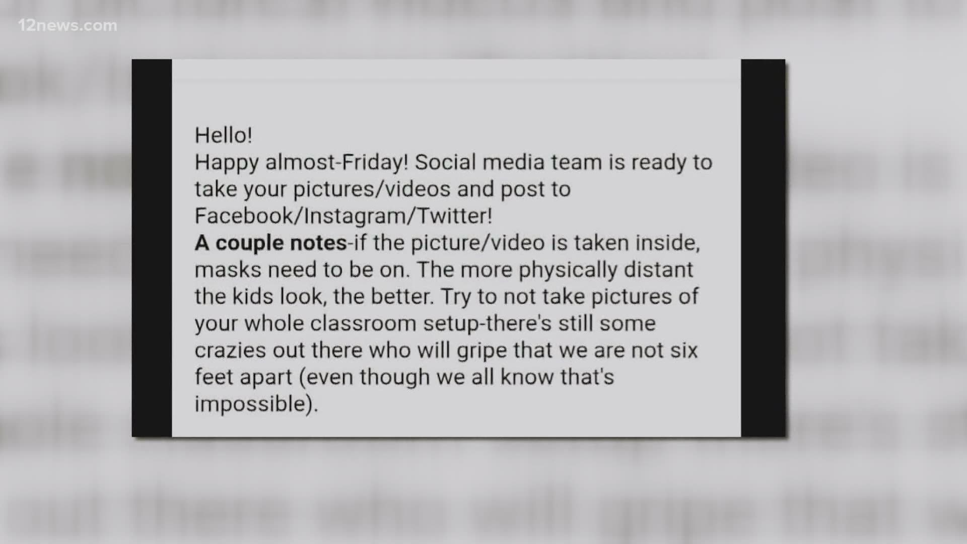 An internal email from a teacher at Desert Mountain Elementary school appears to detail how the school’s PR team is propping up social distancing efforts.
