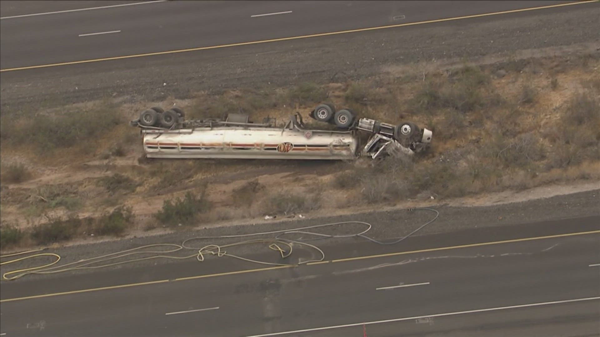 The crash between two commercial trucks happened around 10:20 a.m. near milepost 97 in Tonopah, ADOT said. One was pulling a fuel tanker.