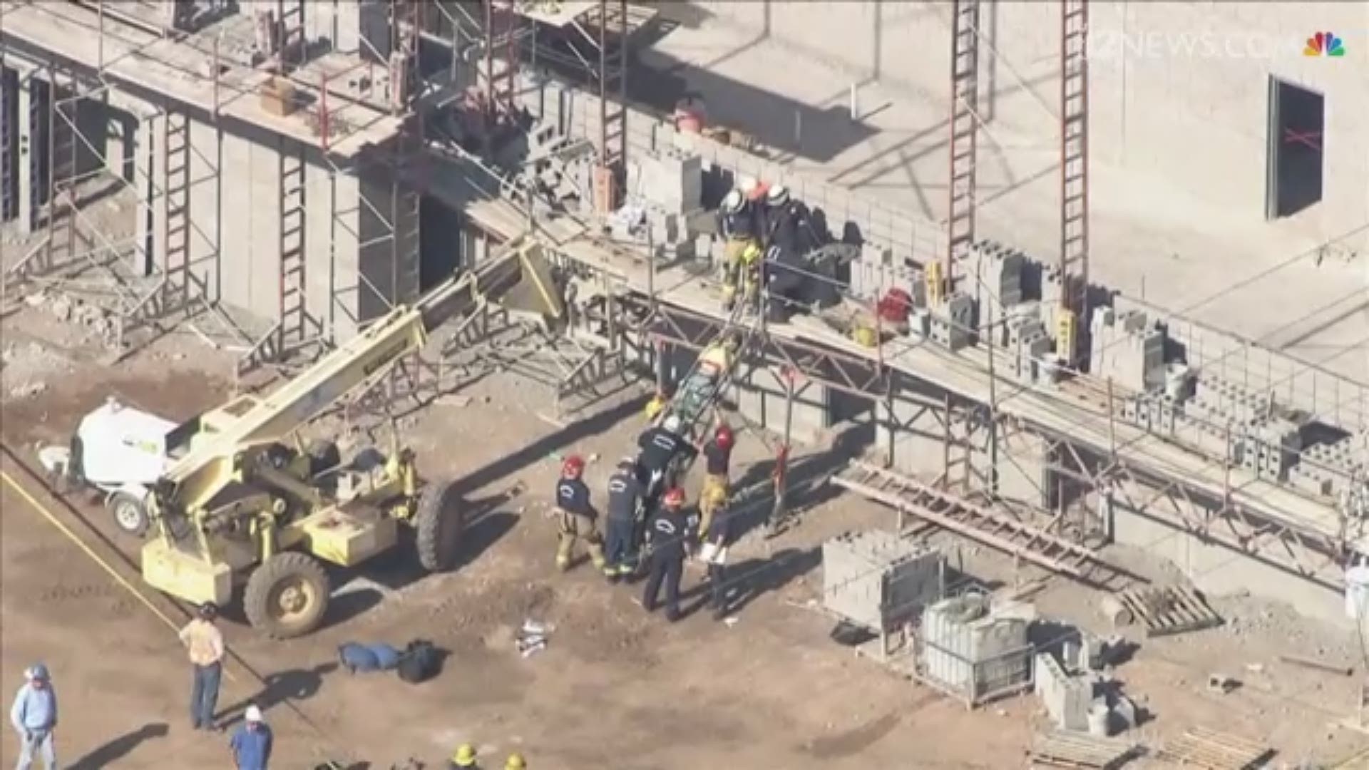 A worker became trapped on scaffolding after cinder blocks fell from a nearby stack at a construction site near Osborn and 37th Avenue in Phoenix. The worker was transported to a local trauma center in stable condition according to Phoenix Fire.