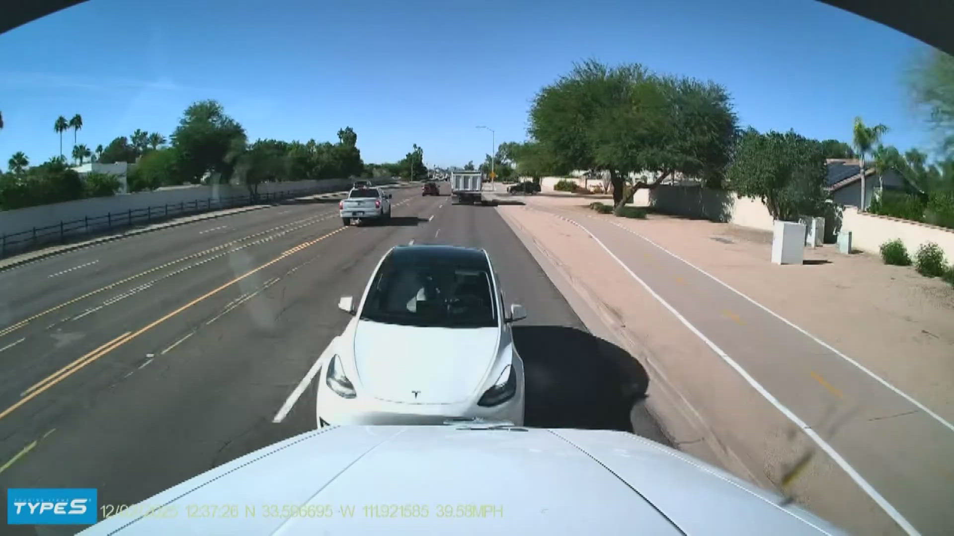 Video from the dump truck shows a Tesla swerving into another lane of traffic before hitting the dump truck head-on.
