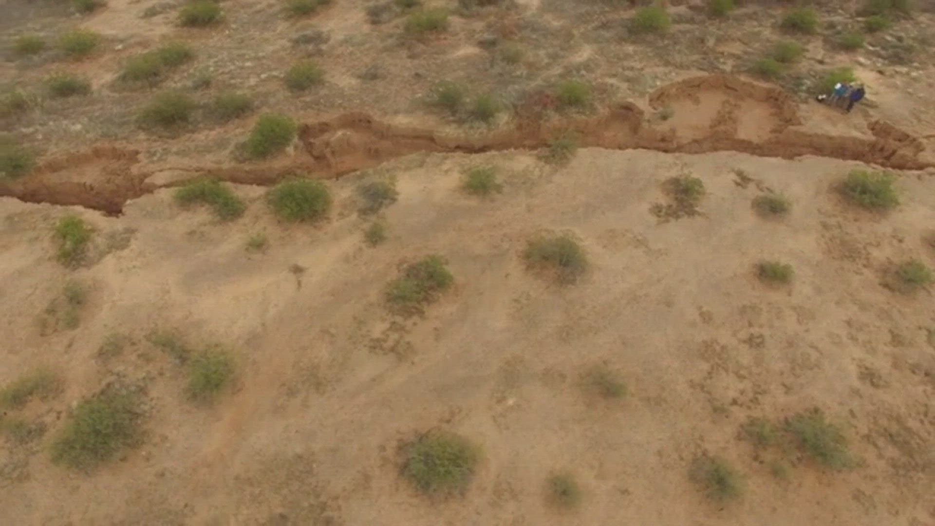 Arizona Geological Survey drone video explores a fissure in the middle of the desert south of Arizona City. The fissure is 1.8 miles long. (Video: AZGS)