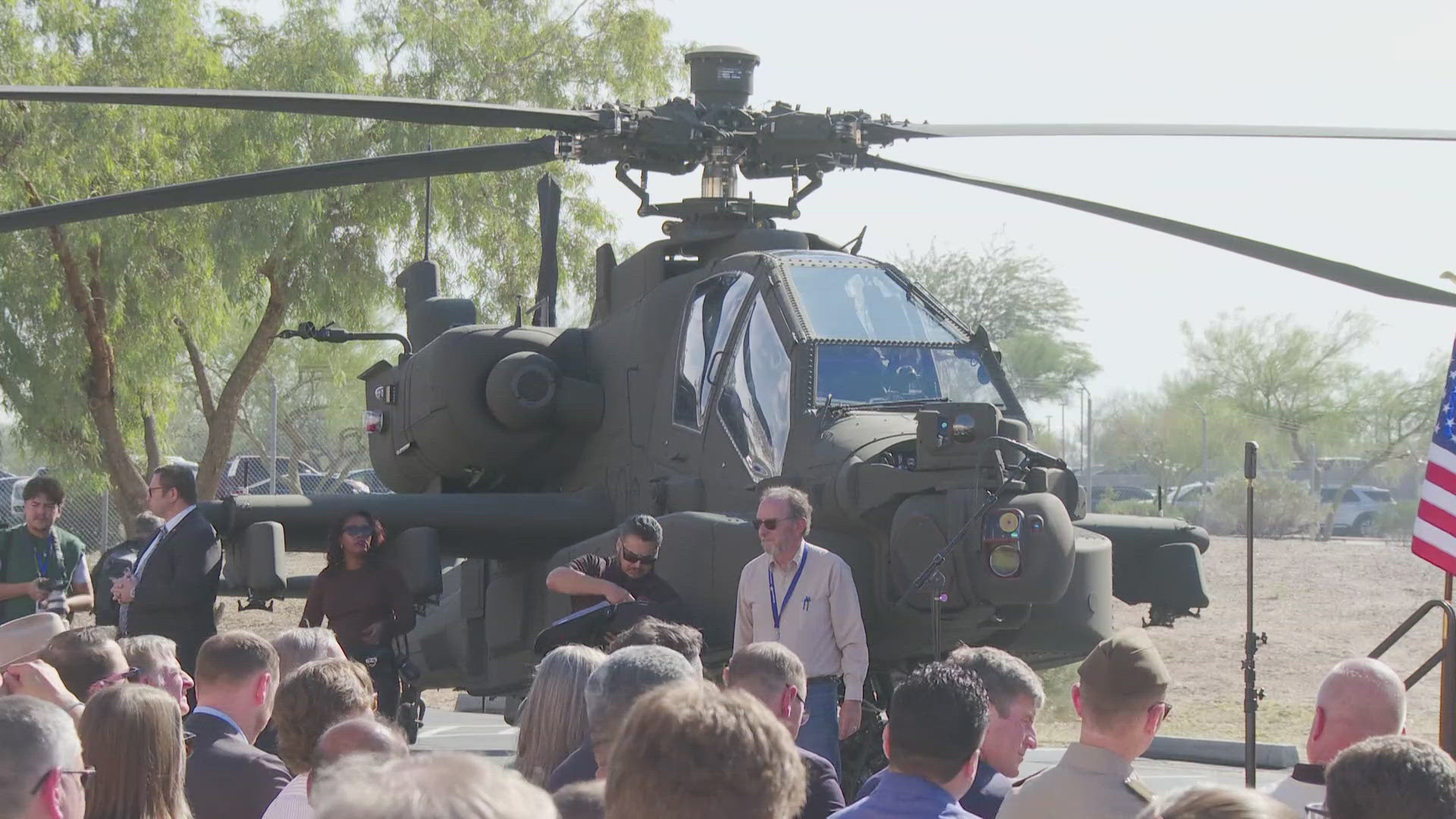 It is the 50th anniversary of the first flight of the Apache helicopter. The aircraft is built in Mesa.