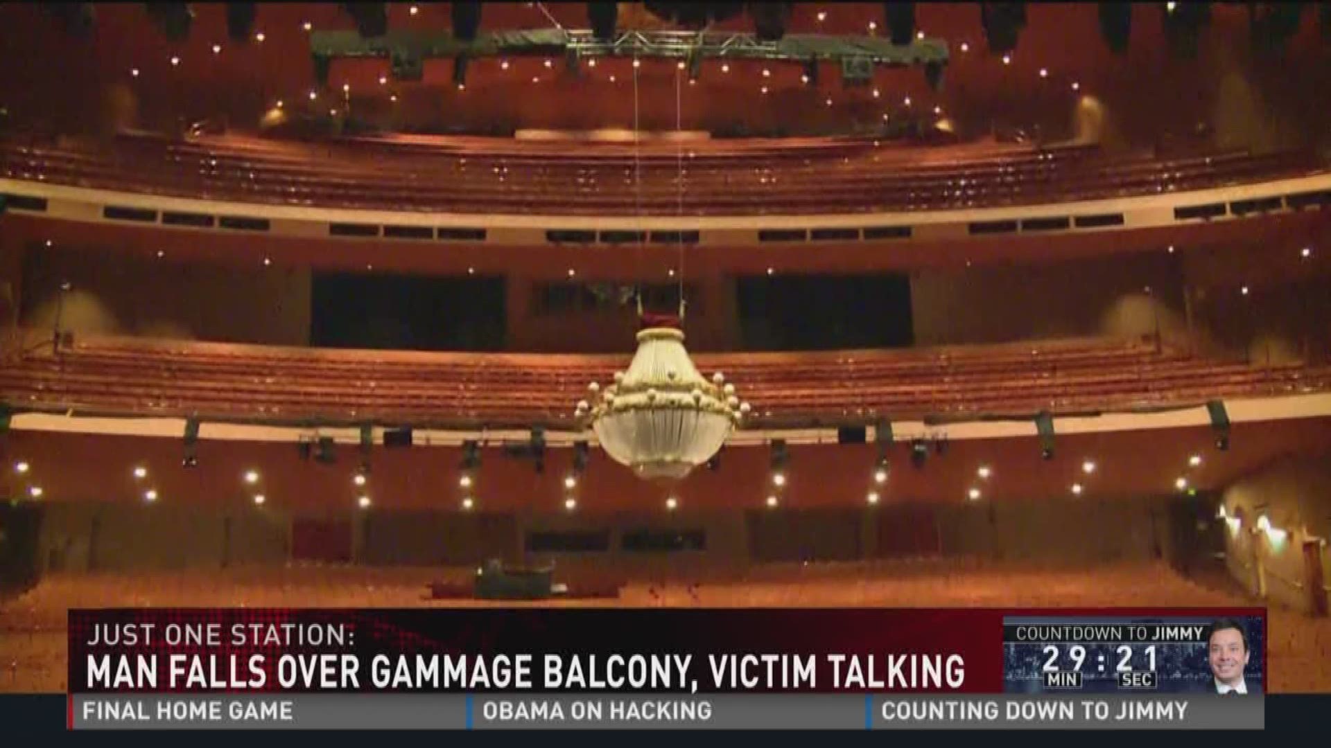 Man falls over Gammage balcony, victim talking.