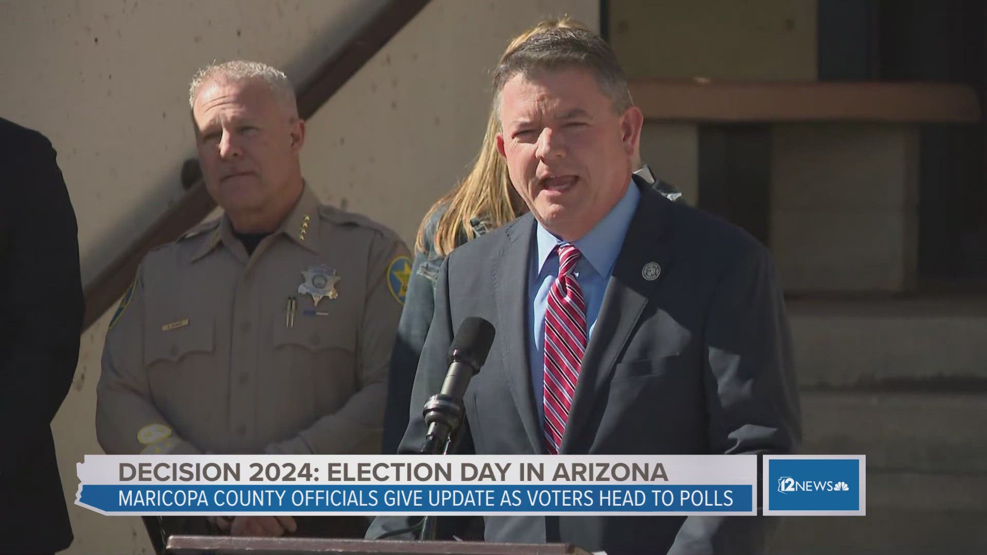 Maricopa County officials give an update on Election Day activities as voters head to the polls on Tuesday, Nov. 5, 2024.