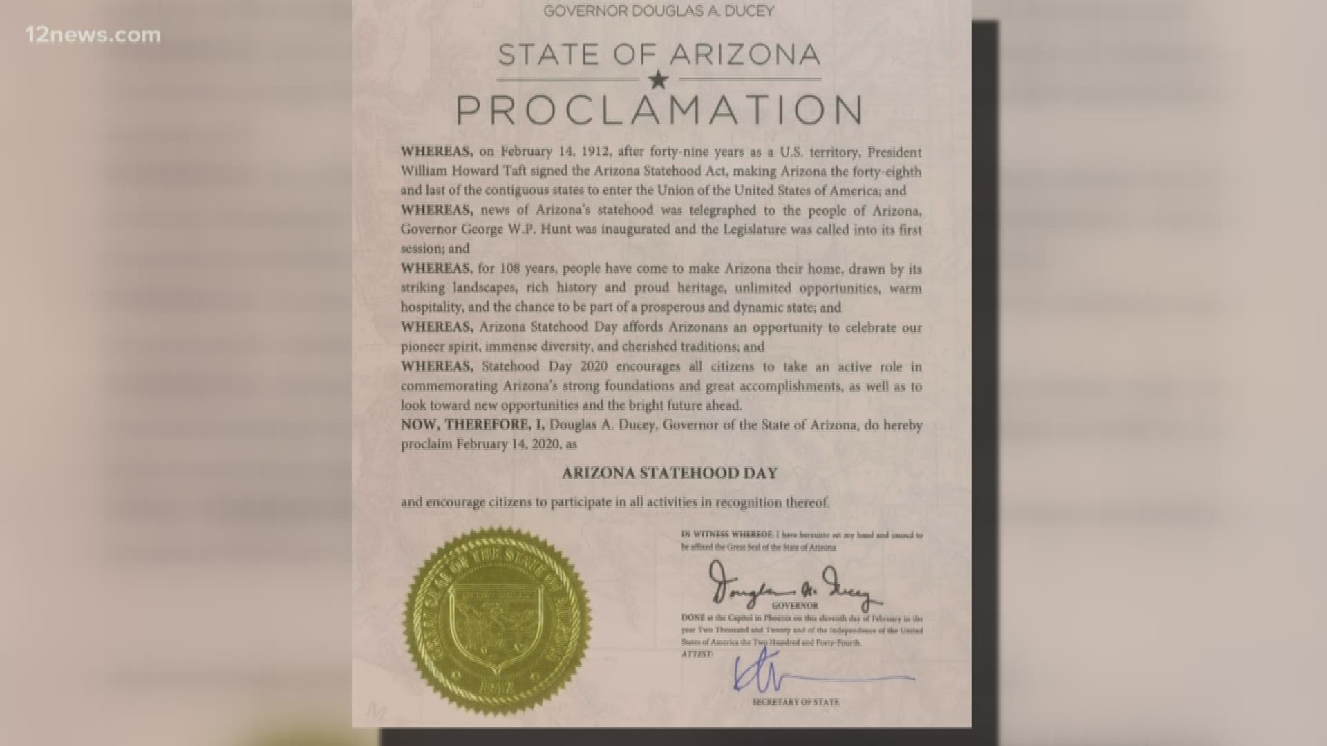 108 years ago President William H. Taft signed a bill that made Arizona the 48th state in the Union. Arizona was added just before Alaska and Hawaii in 1959.