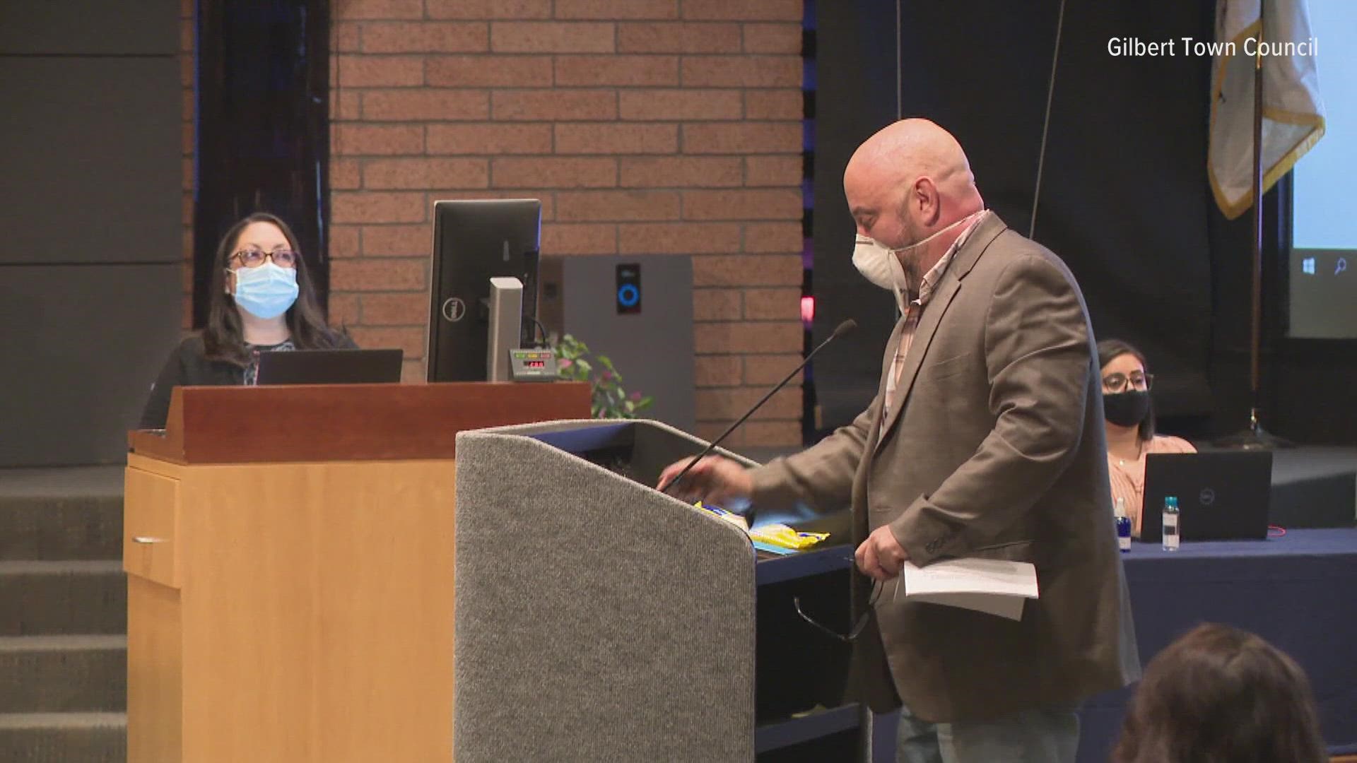 Chris Lineberry speaks at a recent Gilbert Town Council meeting to express concerns for neighborhood safety after the death at the Tilda Manor group home.
