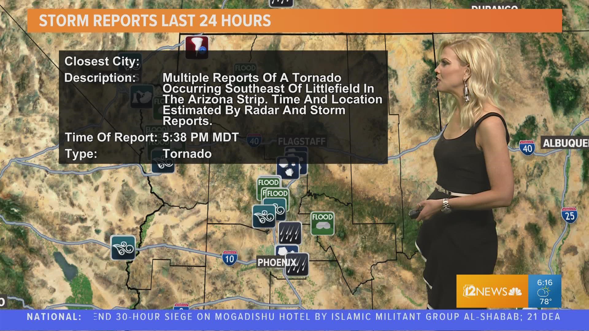 A tornado reported in northwest Arizona was the only twister recorded in U.S. on Sunday, Aug. 21, 2022. Krystle Henderson has the details.