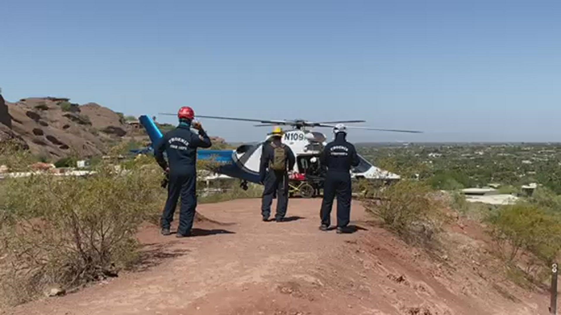 Phoenix Fire Department shows the moment their patient was unloaded from a helicopter after a rescue on Camelback Mountain.