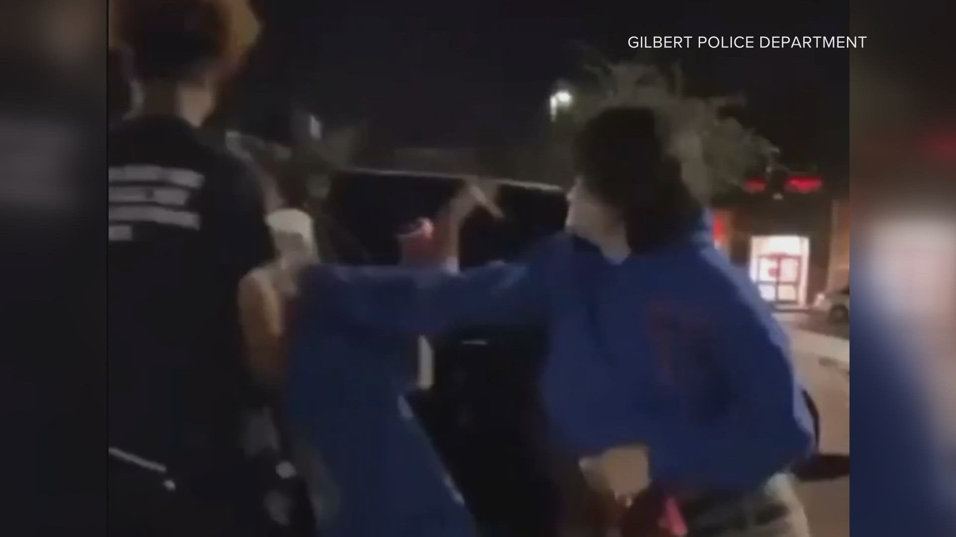 Screenshots taken from videos posted on social media showing multiple people in gilbert either ganging up on one teen - or kicking young victims while they're down.