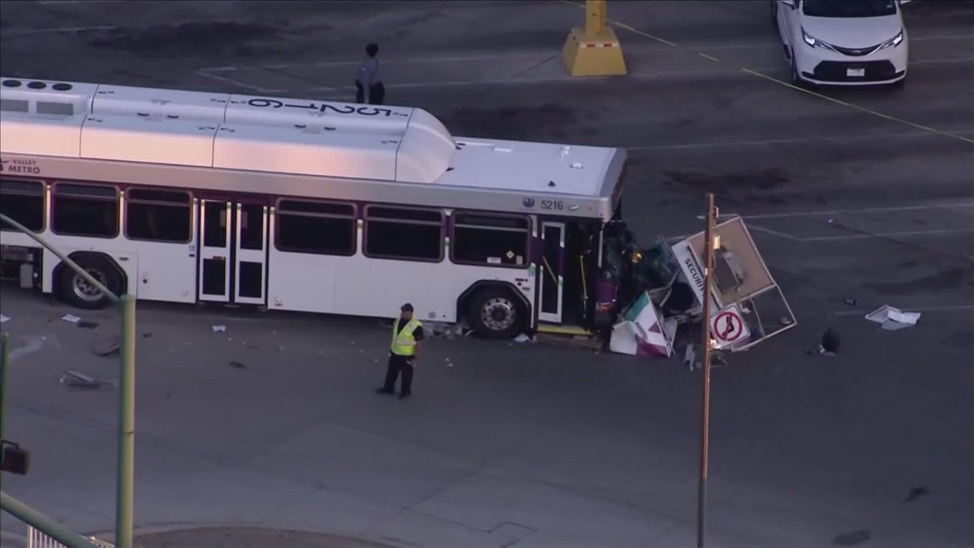 A bus crashed into a security guard stand on Thursday near Lower Buckeye Road and 22nd Avenue.