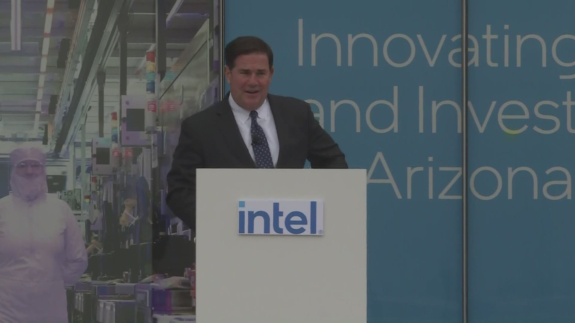 Gov. Ducey talks at a Intel event after an announcement from the company of a new factory being built in Arizona.