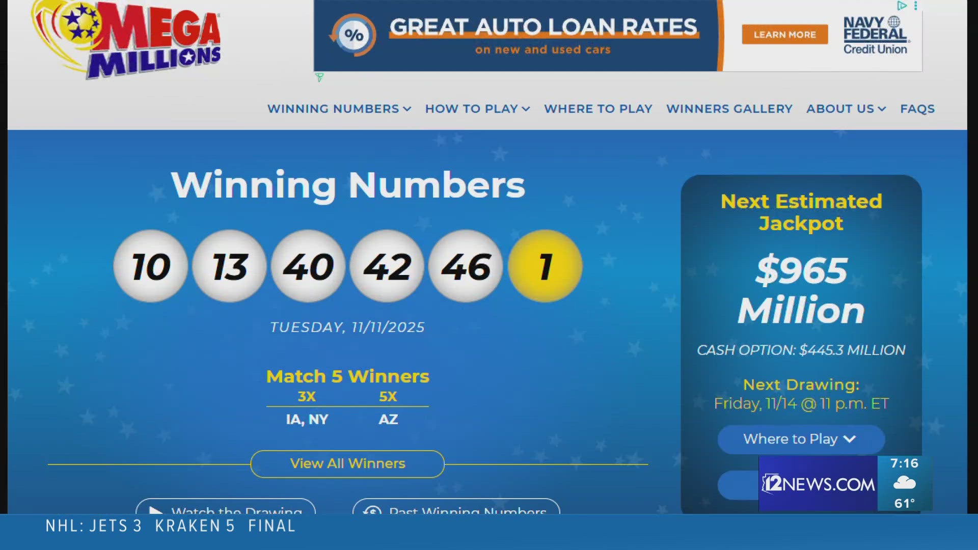 12News is talking about the nearly $1 billion jackpot drawing happening Friday, other big jackpots, the Arizona Lottery app and other lottery news.