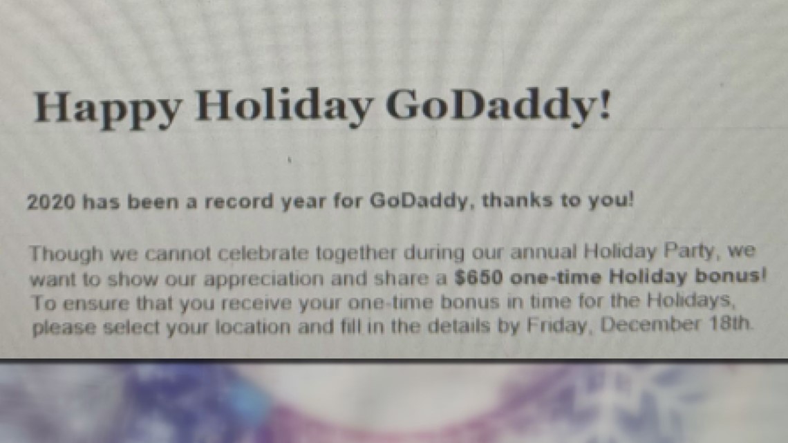 Godaddy 2022 Christmas Party Godaddy Facing Backlash After Sending Out Fake Holiday Bonus Email |  12News.com