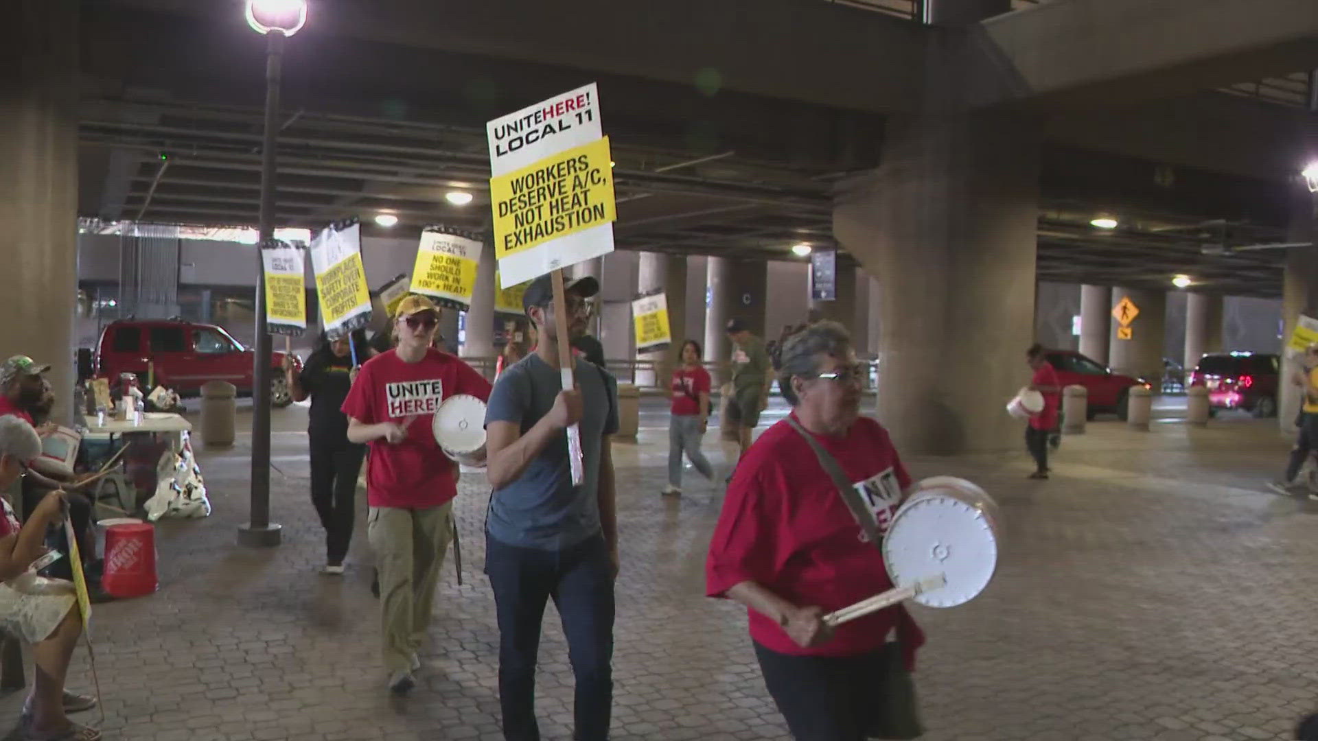 Workers at the airline catering company are protesting working conditions.