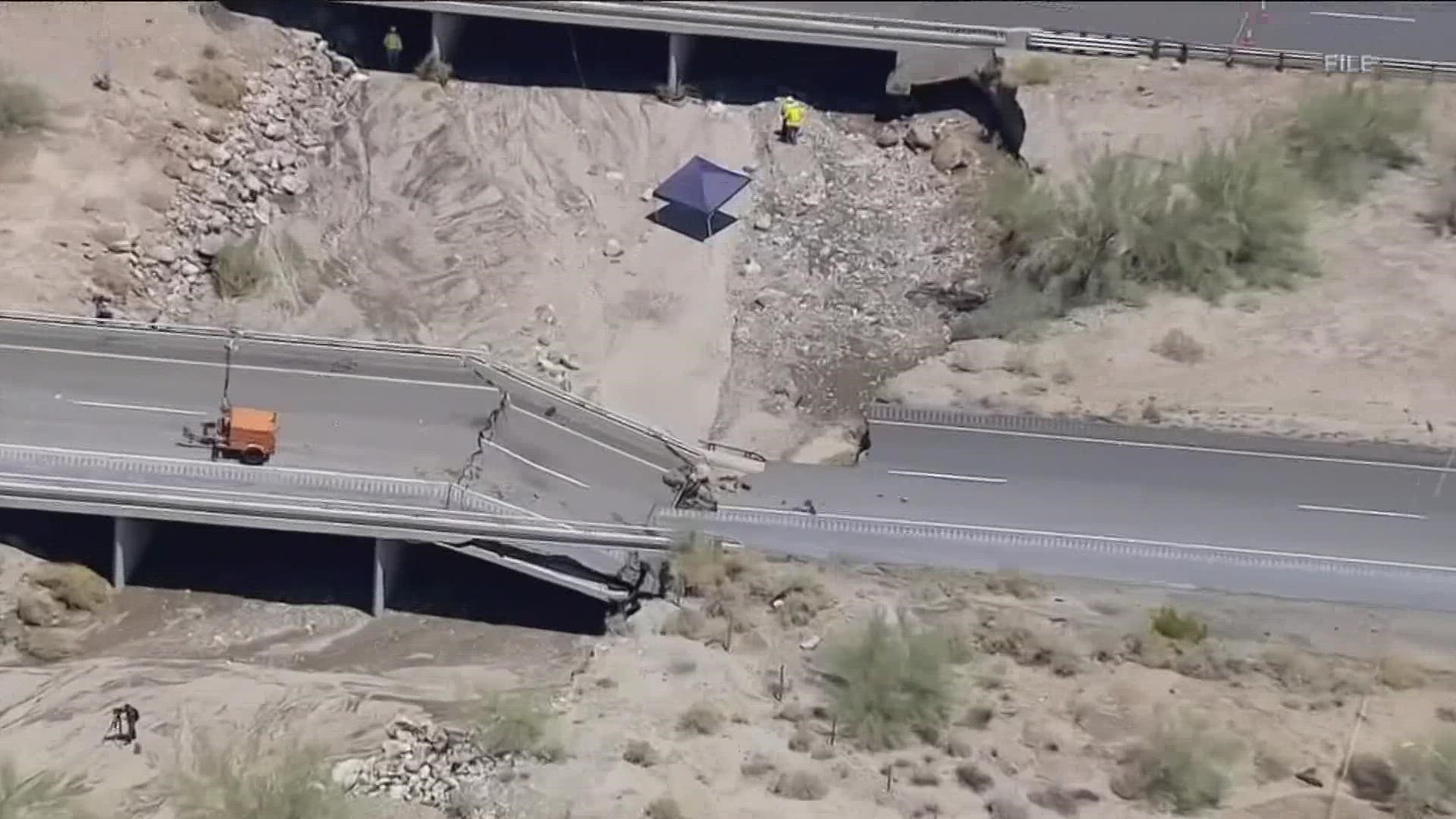 Officials say the main highway from Los Angeles to Phoenix has been damaged by a flash flood that washed out lanes on the eastbound side of Interstate 10.