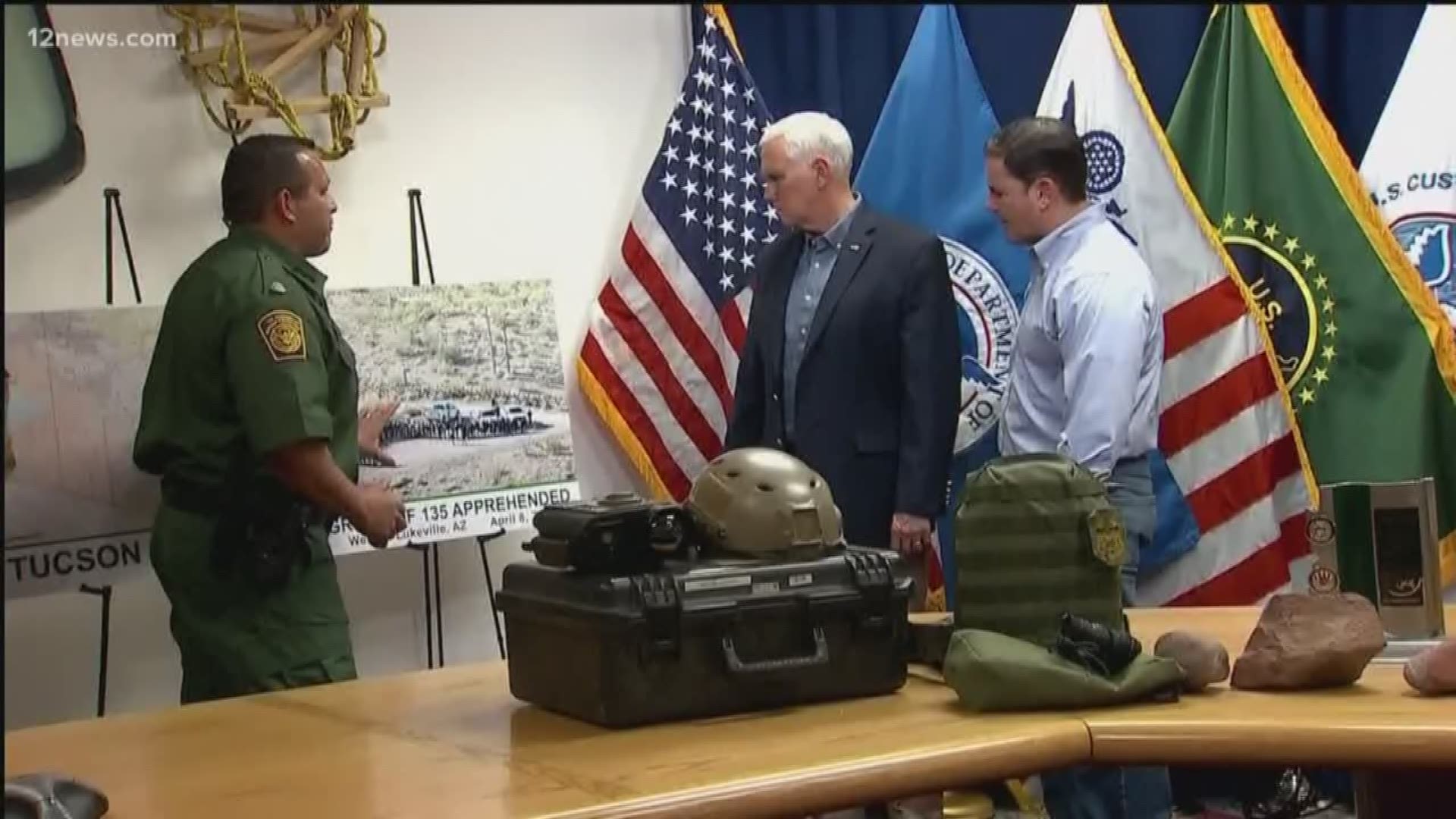 Vice President Mike Pence landed in Tucson Thursday afternoon to tour the Nogales border. He got a briefing at the Border Patrol station there.