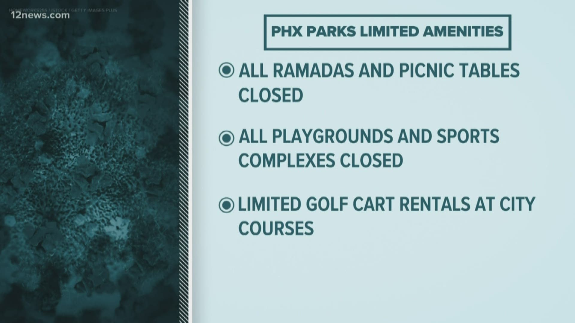 Phoenix Parks and Recreation is closing all ramadas, picnic tables, playgrounds and sports complexes. Golf cart rentals are limited too.