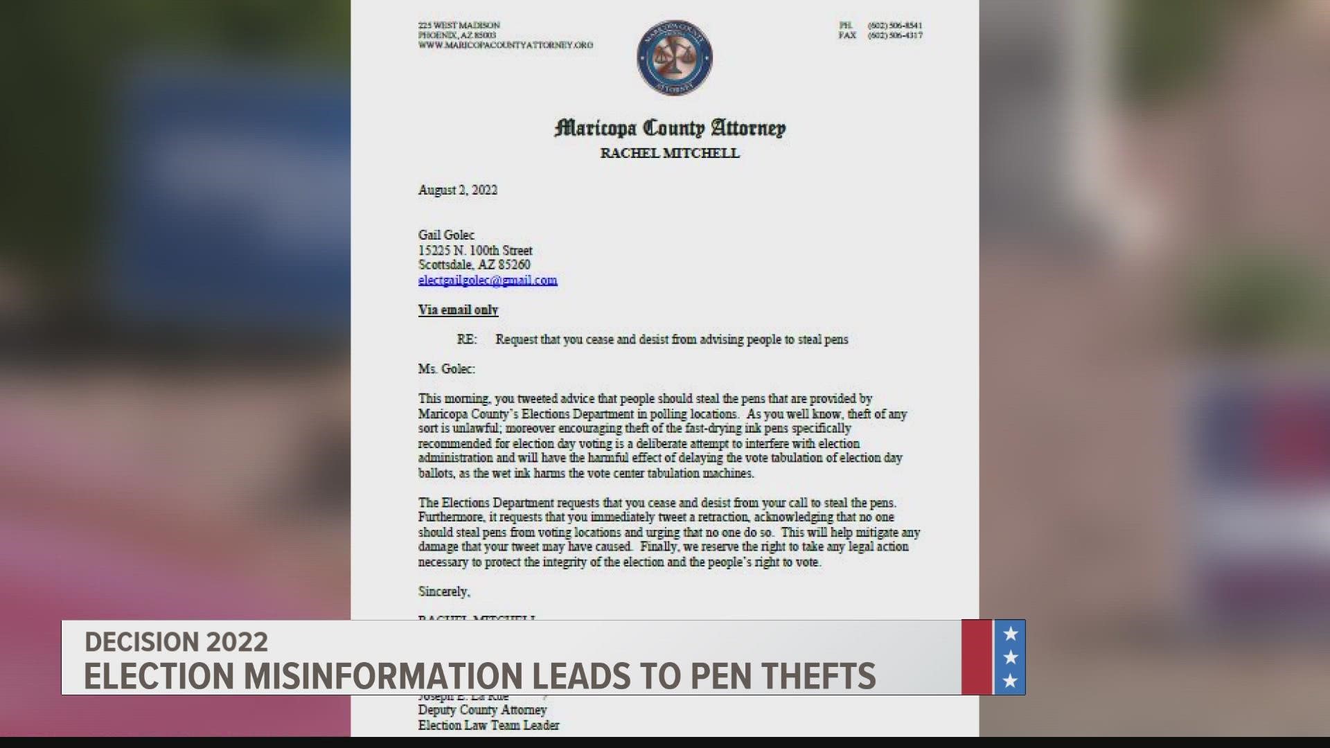 Maricopa County Attorney Rachel Mitchell sent a letter warning a local candidate to stop encouraging voters to take the pens given to them at polling places.