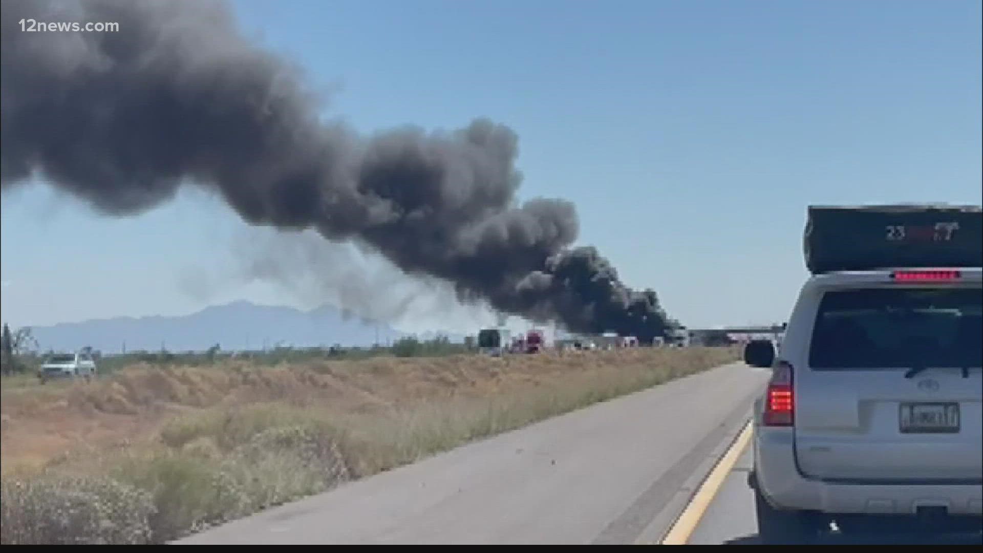 The freeway's westbound lanes have closed due to a fiery collision north of Casa Grande on Oct. 6, 2021.