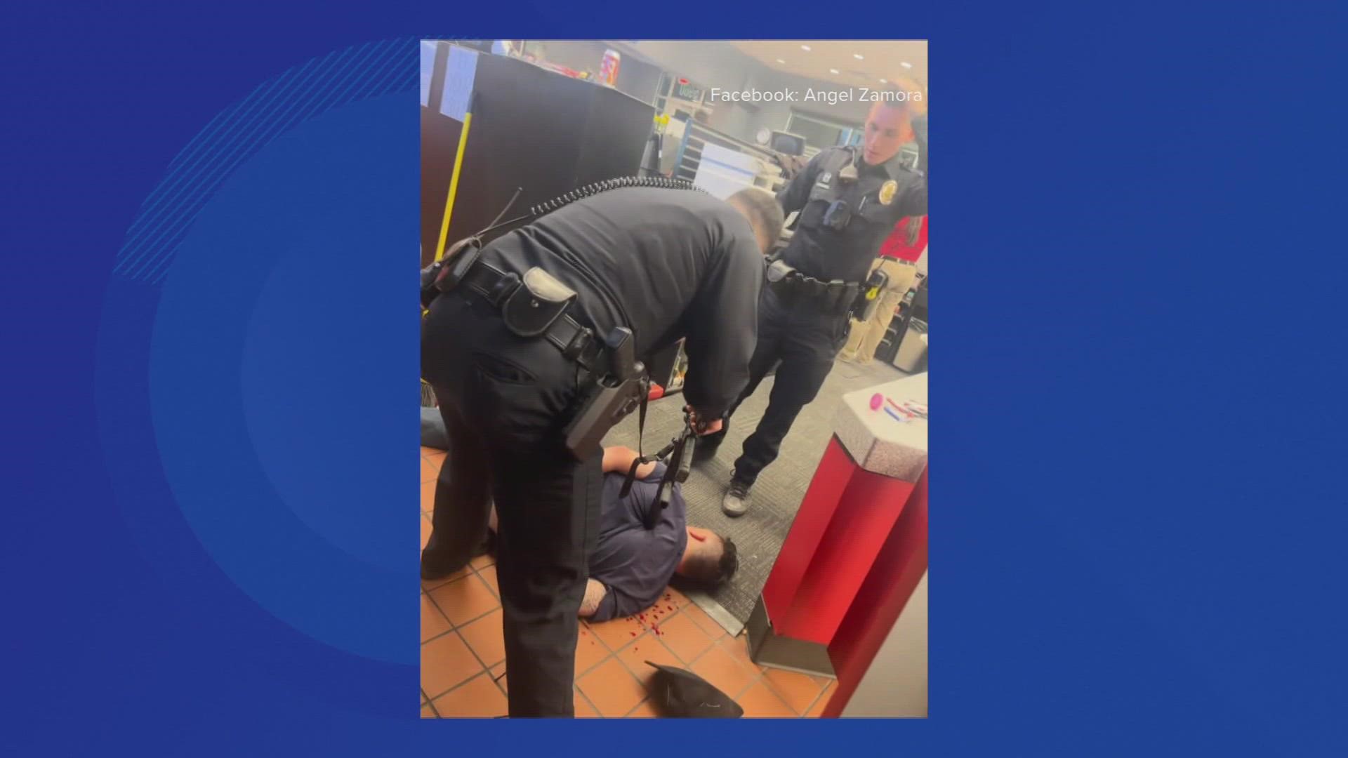 In a video, which a bystander shot, officers are seen kicking the man while he was facedown and prone on the ground before being fully handcuffed.